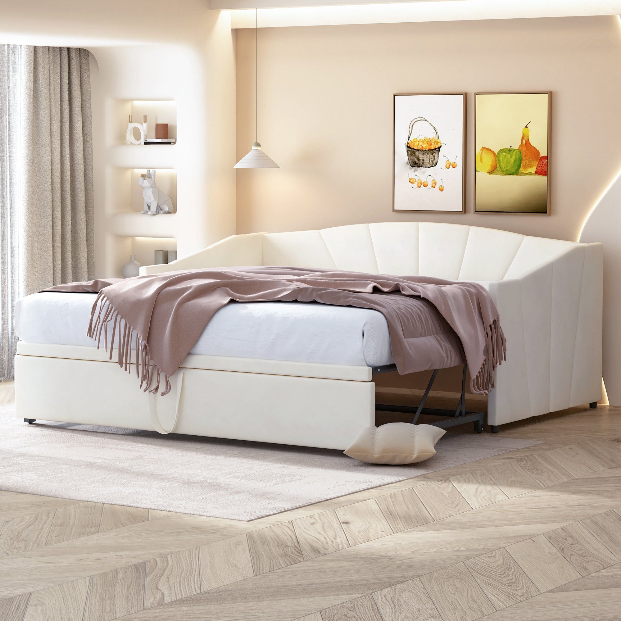 Beige Tagesbett Lattenrosten, mit Polsterbett Multifunktionsbett hautfreundlichem Matratze (90/180*200 Ohne cm, aus Samtstoff), Schlafsofa Ausziehbares OKWISH