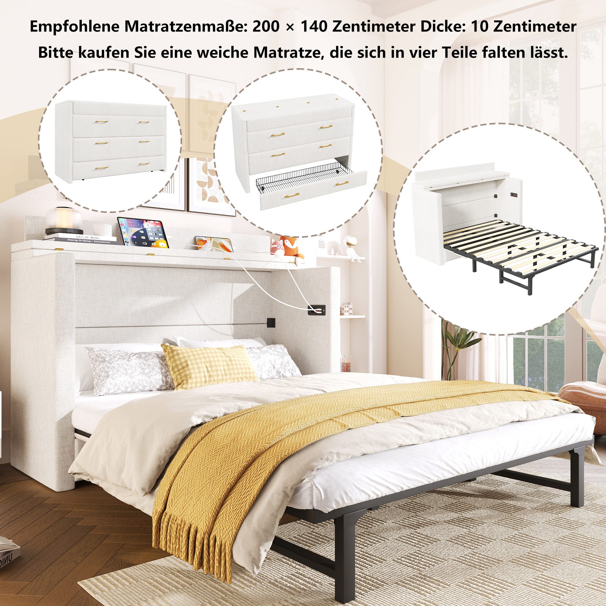 Odikalo Schrankbett Polsterbett Einzelbett 140x200 mit Schublade und USB (Mit einer Schublade,Mobiles Schrankbett mit Ablagefach am Bett, mit USB- und Typ-C-Anschlüssen, Umbaubares Plattformbett, Ohne Matratze,Leinen, Beige) /gray