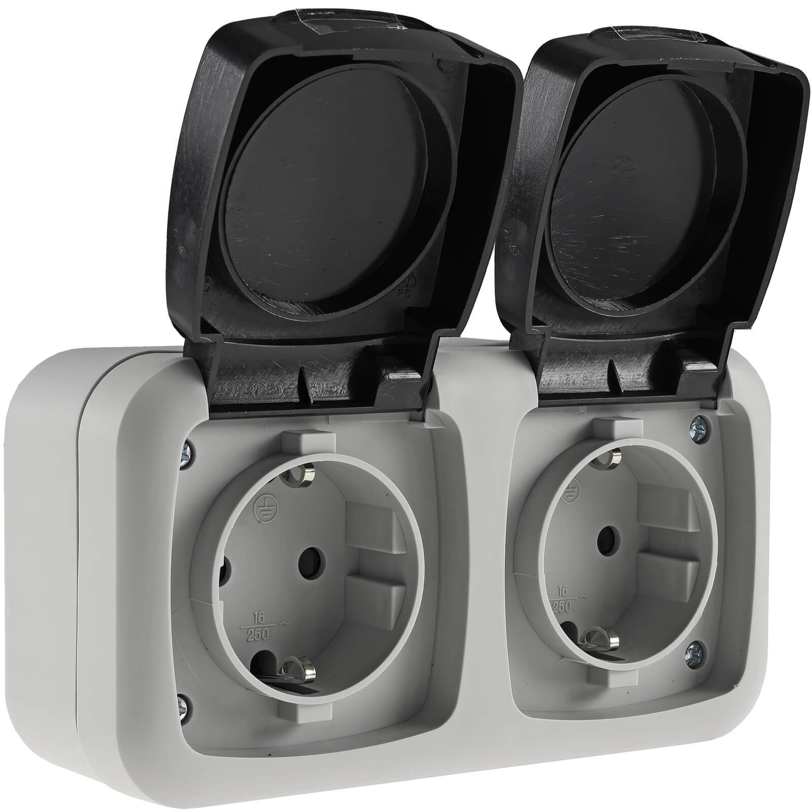 Aufputz-Steckdose IP44 Feuchtraum Doppelsteckdose 2-fach Steckdose Aufputz grau