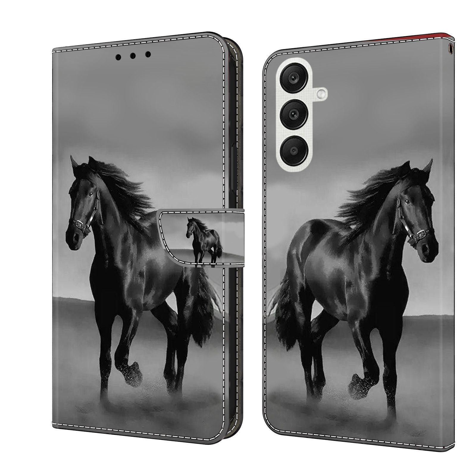 CLM-Tech Handytasche für Samsung Galaxy A55 5G Hülle - Tasche aus Kunstleder Klapphülle (Pferd schwarz grau, Handyhülle mit Standfunktion - Wallet Flip Case inklusive Kartenfächer), - Cover Etui mit Magnetverschluss - Galaxy A55 5G Schutzhülle