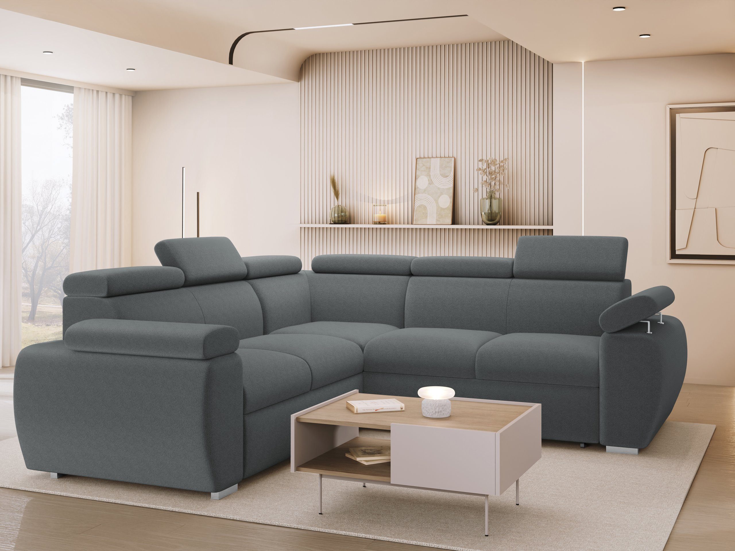 MIRJAN24 Ecksofa Boston Maxi, mit Bettkasten und Schlaffunktion, mit Einstellbare Kopfstützen, Ottomane Universal