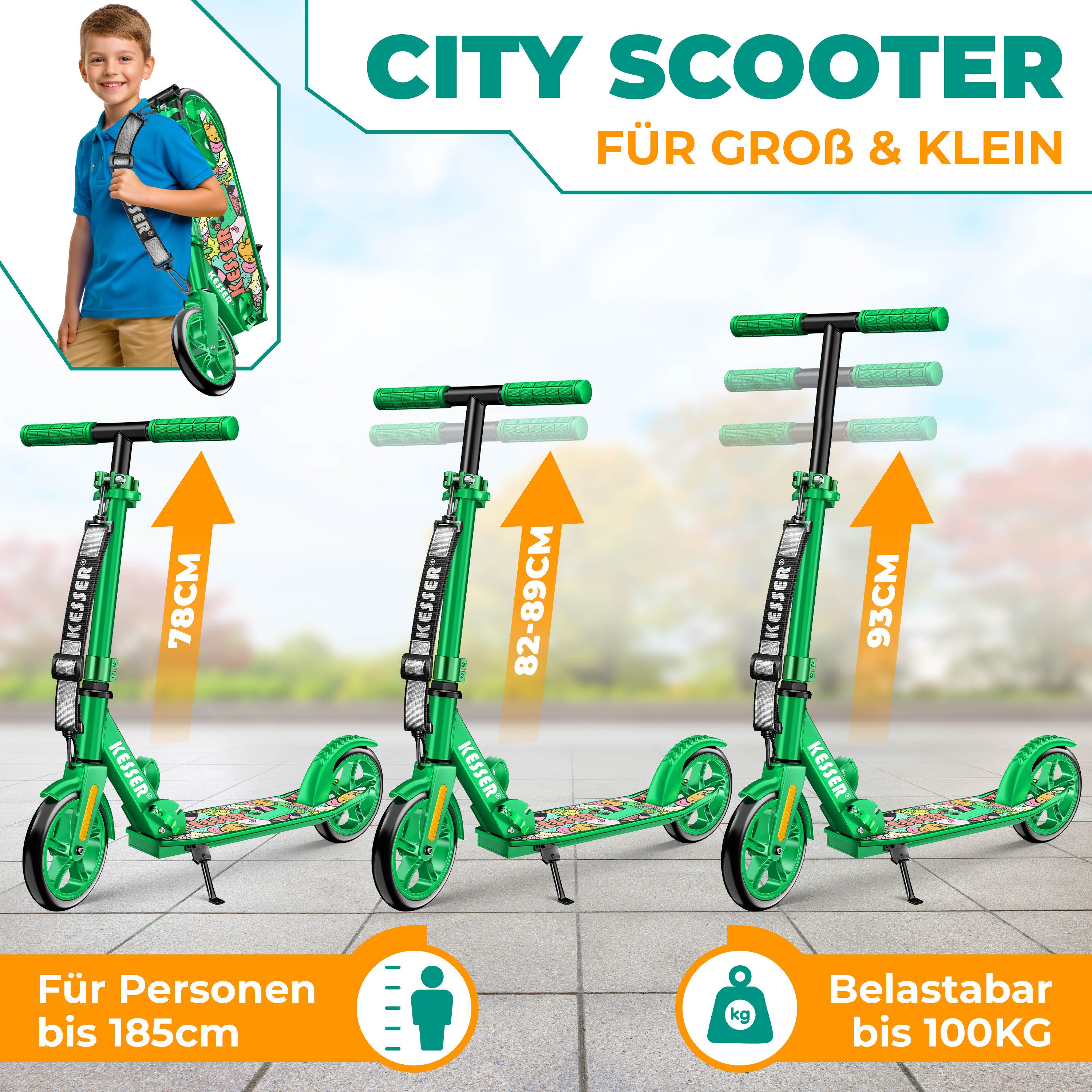 KESSER Scooter mit Hinterradbremse & rutschfeste Trittfläche, bis 100kg & 185cm Körpergröße, klappbar höhenverstellbar – Bild 3 von 5