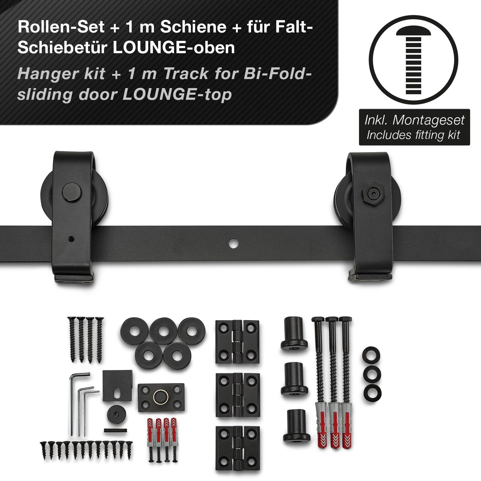 SO-TECH® Türbeschlag Falt-Schiebetürbeschlag LOUNGE mit Rollen & Montagematerial, B: 1 m, 2 Rollen, Obermontage, für einflügelige Falttür