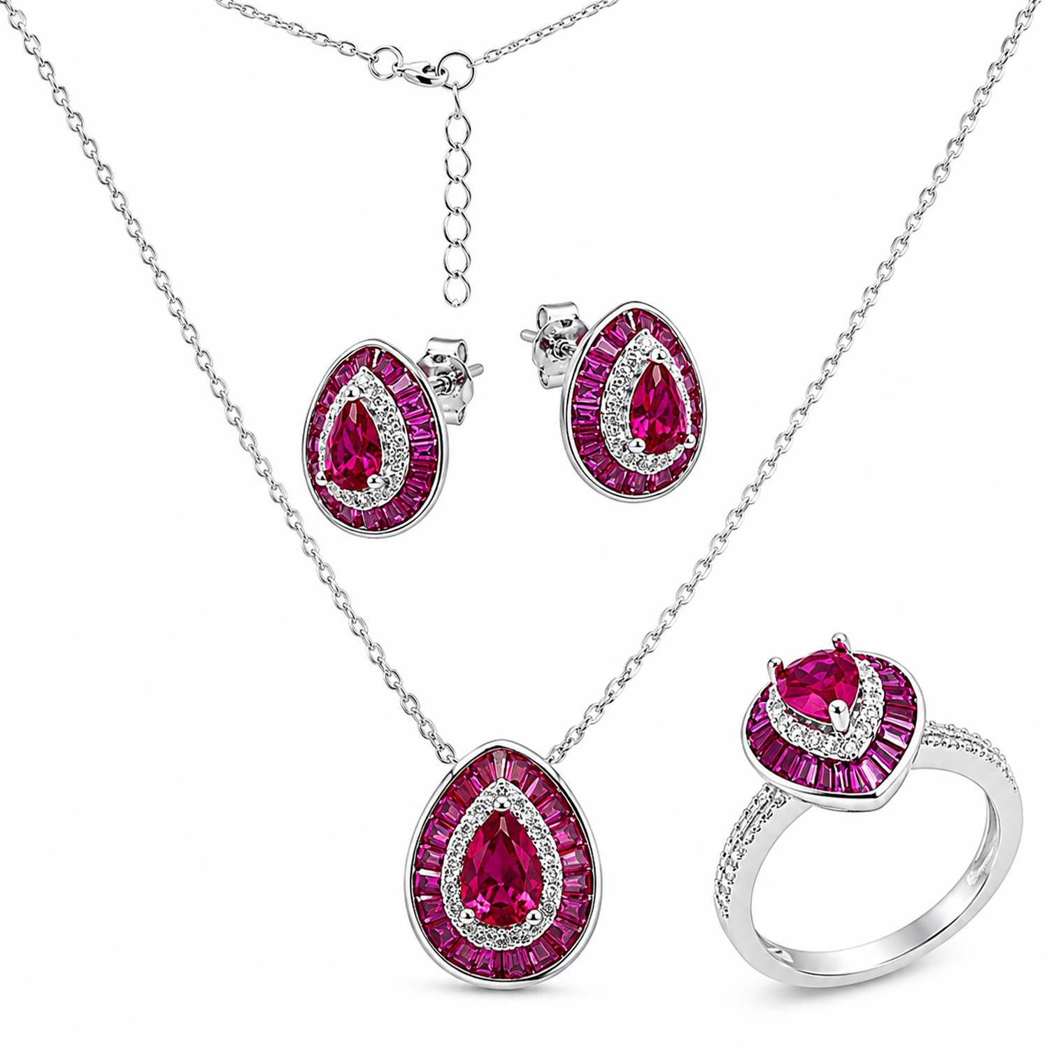 Golders Schmuckset Ohrringe + Halskette mit Anhänger + Damenring (Set, 5-tlg., aus 925 Silber mit roten und farblosen Zirkonia), in ovaler oder Tropfenform