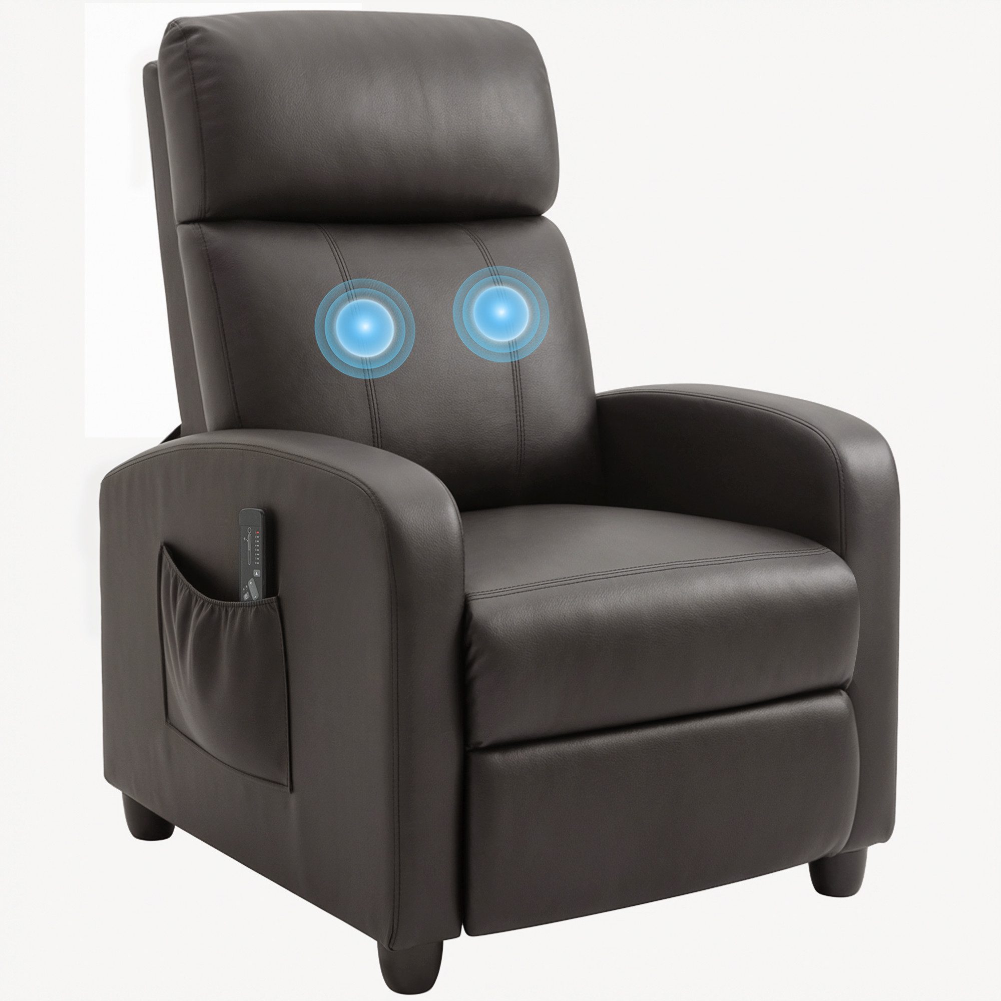 HOMCOM Massagesessel mit Liegefunktion, 2 Massagepunkte, Fernbedienung, Seitentasche (Relaxsessel, 1-St., Fernsehsessel mit Vibrationsmassage), aus Kunstleder, für Wohnzimmer, Braun