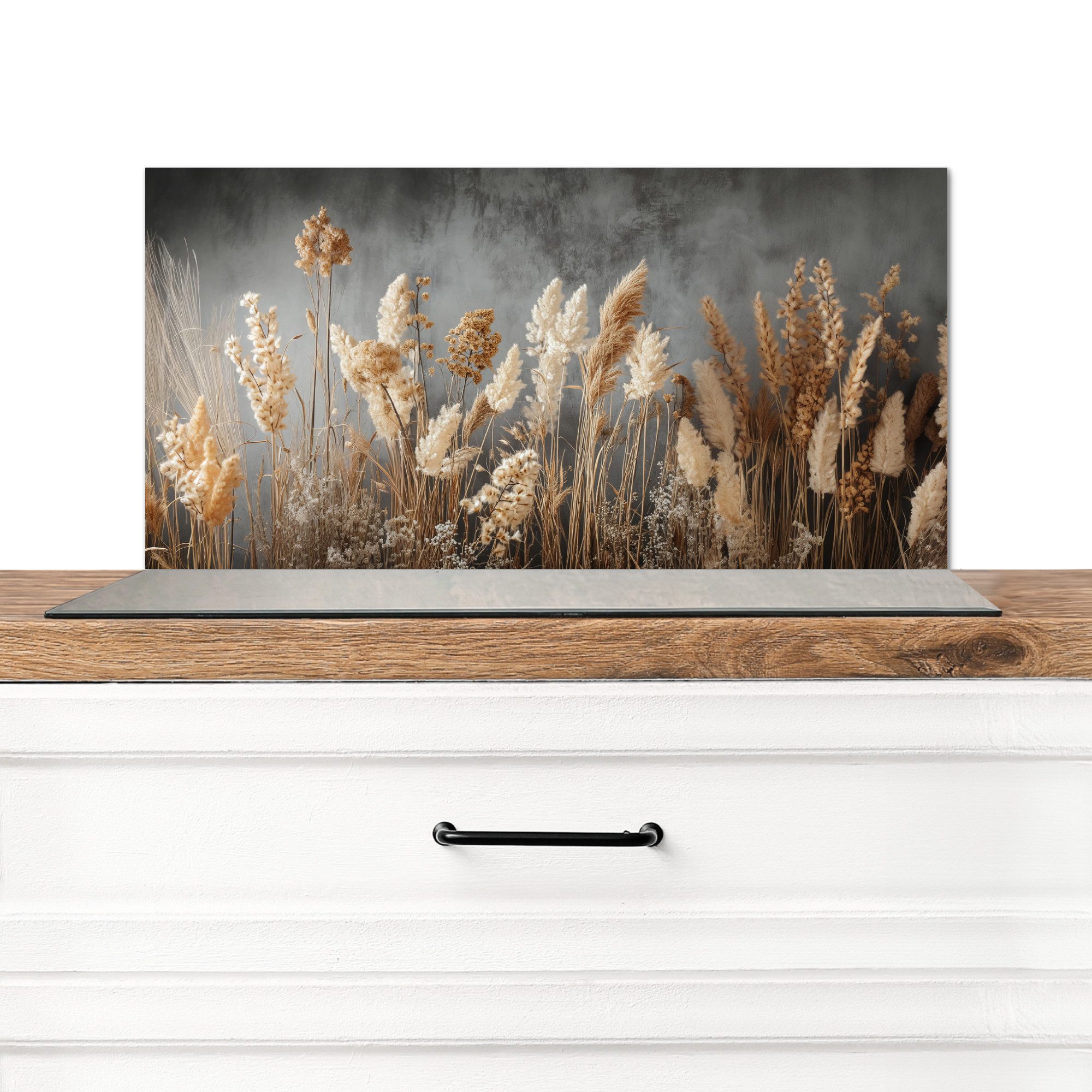 MuchoWow Küchenrückwand Getrocknete Feldblumen - Grau - Beton, (1-tlg), Spr günstig online kaufen