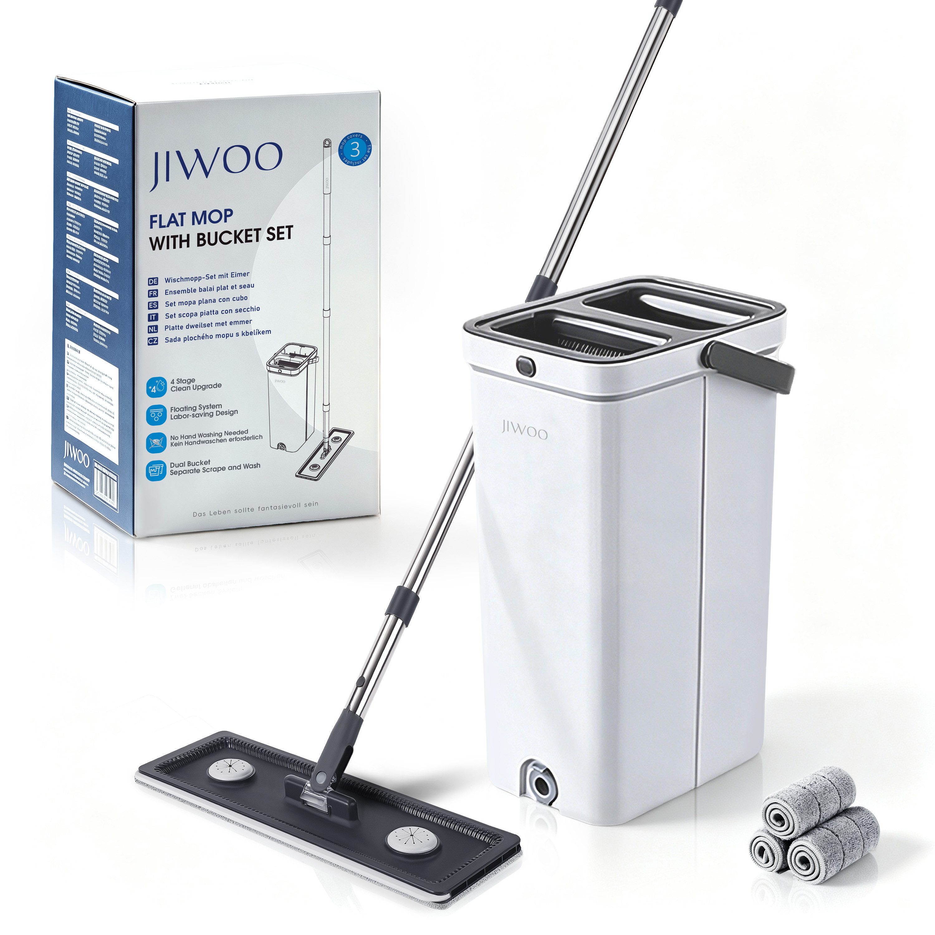 JIWOO Bodenwischer-Set Wischmopp Set mit Eimer, Flachwischer, 3 Mikrofaser-Wischbezügen, (Reinigungs-Set, 1-St., Bodenwischer-Set), 5-teilig: 1 Wischmoppstiel, 1 Eimer, 3 Mikrofaser-Wischbezüge