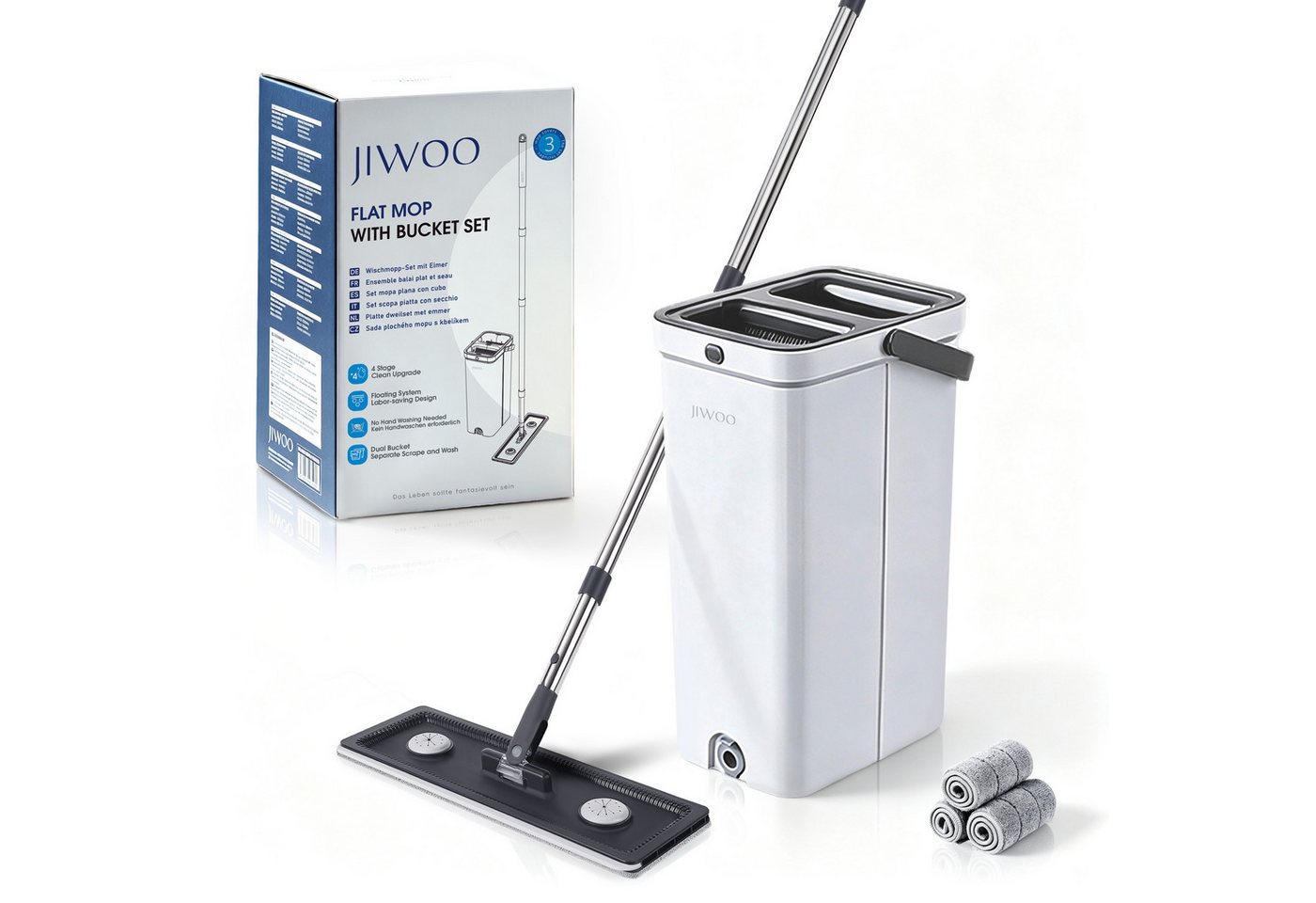 JIWOO Bodenwischer-Set Wischmopp Set mit Eimer Bodenwischer Wischmopps 3 Mikrofaser, (Wischer Set, 1-St., bodenwischer), Wischmop set: 1 Wischmoppstiel, 1 Eimer, 3 Mikrofaser-Wischbezüge