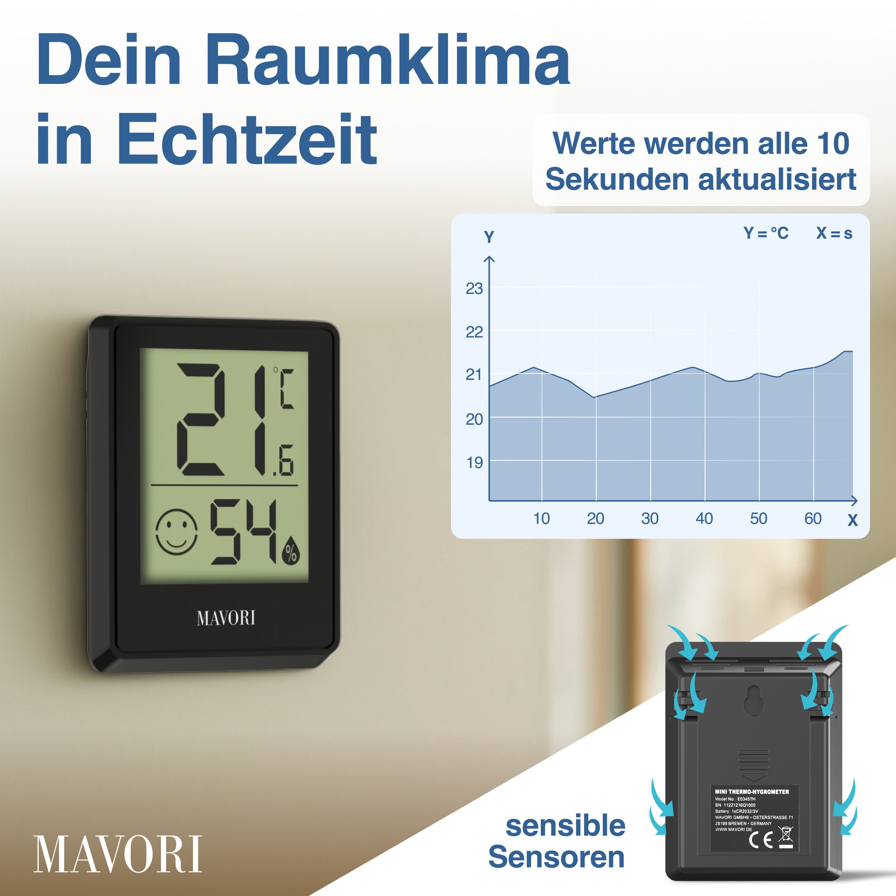 MAVORI Hygrometer und Thermometer digital mit sehr präzisen Messwerten, (3-St), Thermometer mit Luftfeuchtigkeit – Bild 4 von 5