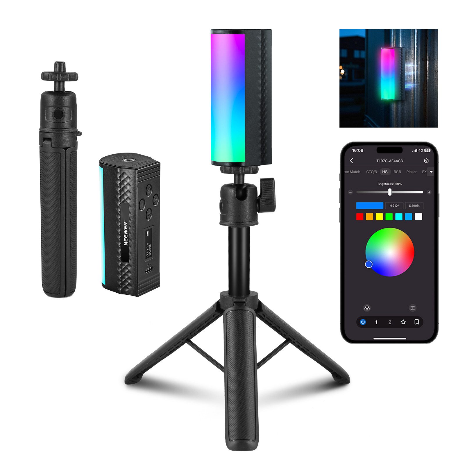 Neewer Videoleuchte TL97C Magnetischer Hand Lichtstab mit Tischstativ, APP Steuerung, 17 Szenen 2500K-8500K dimmbar CRI97 RGB Mini LED Video Handlichtstab