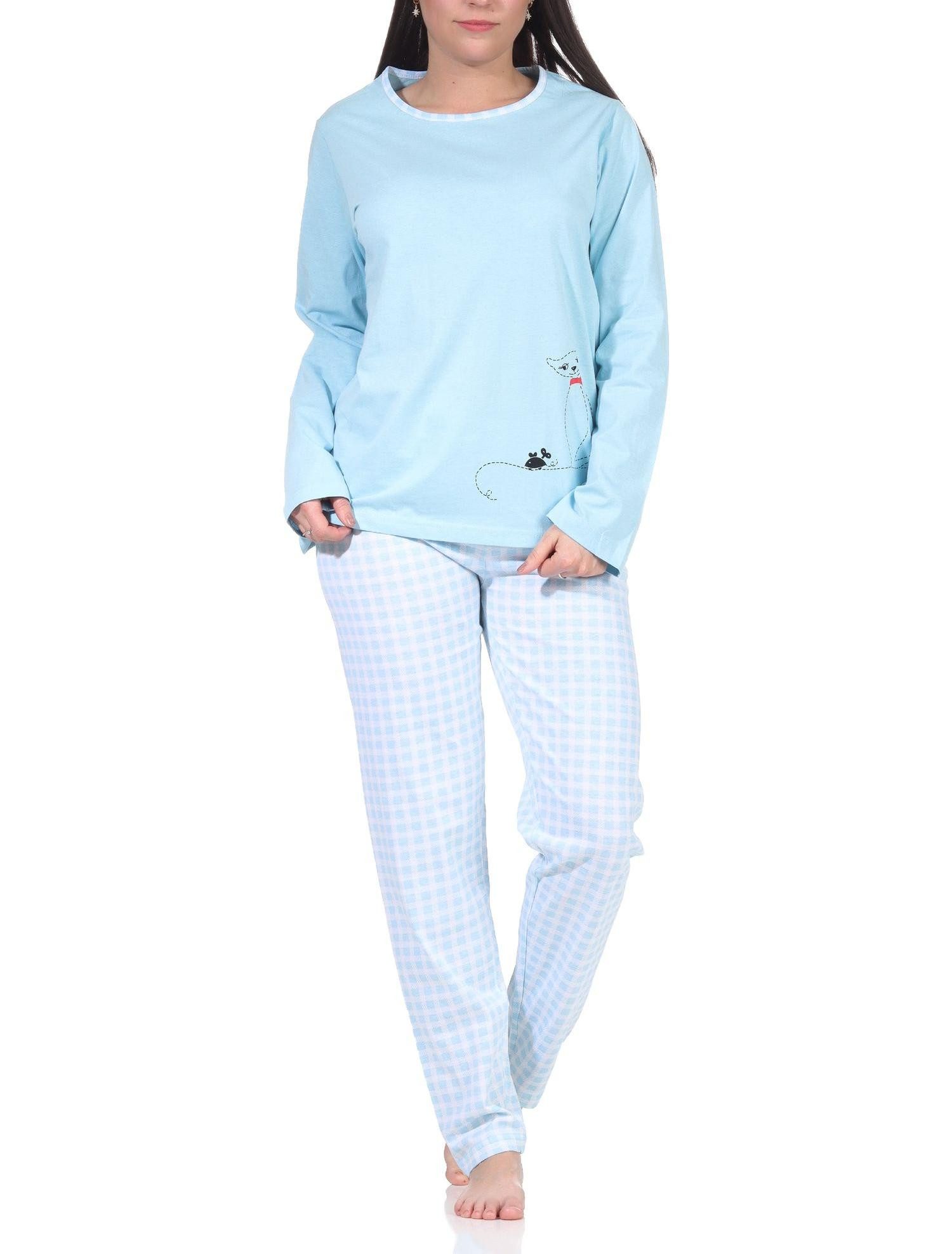 RELAX by Normann Pyjama Damen langarm Schlafanzug süsses Katzen Motiv, Karo Jersey Hose