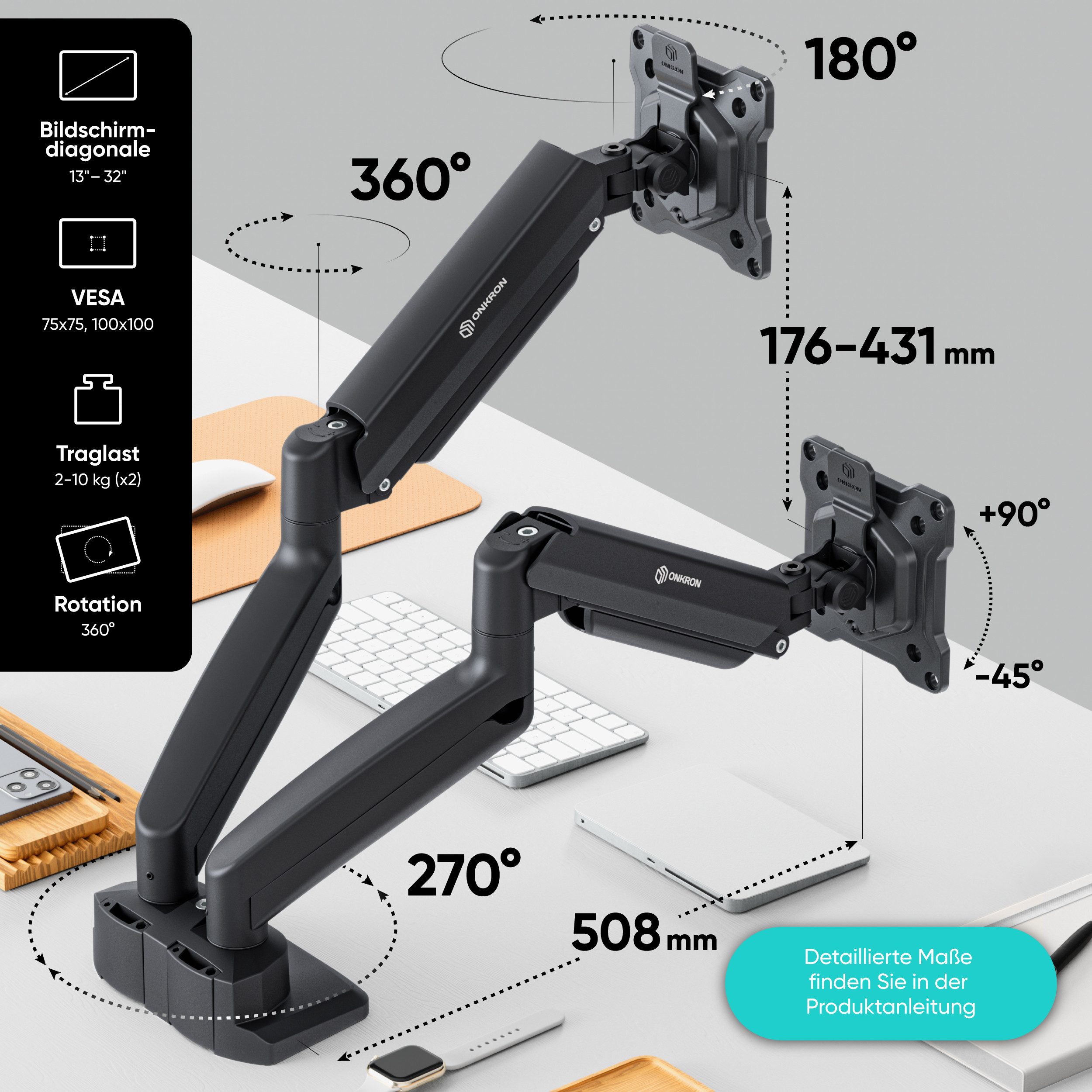 ONKRON Monitor-Halterung 13-32 Zoll, bis 8 kg pro Arm, VESA 75x75-100x100, G160, (bis 32 Zoll, neigbar, schwenkbar, drehbar, Gasdruckfeder, Kabelmanagement)