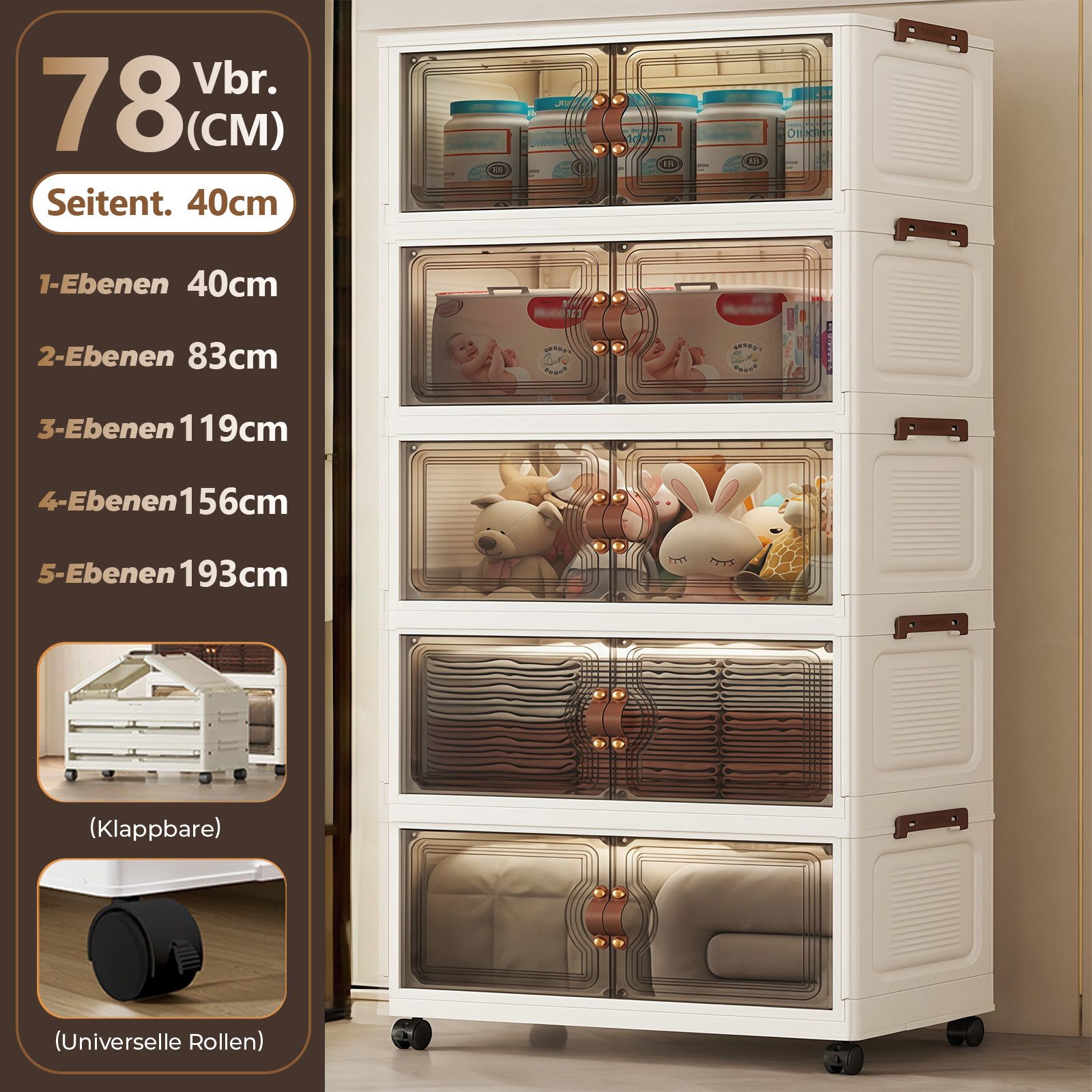 PFCTART Mehrzweckschrank Aufbewahrungsschrank faltbar mit Rollen aus PP-Kunststoff (Set, 1-St., Als Aufbewahrungsbox mit Deckel groß für Kleidung, Schuhe & Haushalt) Stapelboxen mit transparentem Frontdesign, werkzeuglose Montage