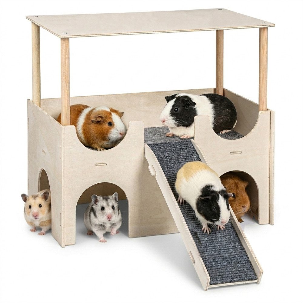 PRIISF Nagerhaus Meerschweinchen Haus Holz Hamster mit Plattform & Treppe als Versteck, Nagerhaus Kleintierhaus Hamsterhaus für Zwerghamster, Rennmäuse, Degus