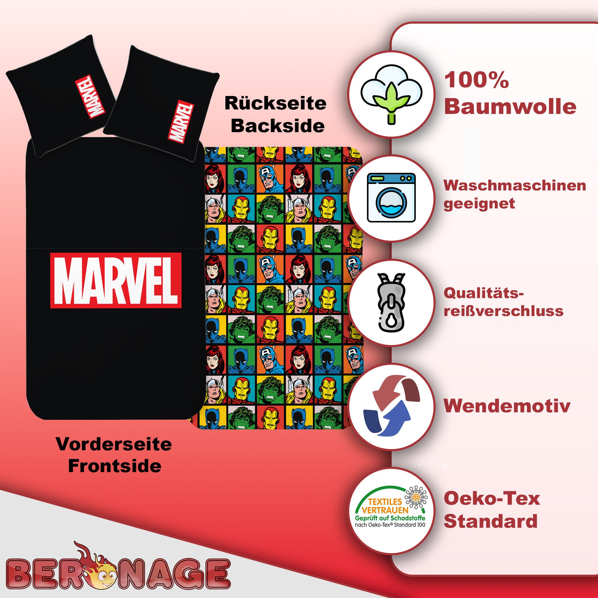 BERONAGE Jugendbettwäsche Marvel Logo Bettwäsche schwarz Linon / Renforcé, 2 teilig, 135x200 + 80x80 cm – Bild 3 von 5