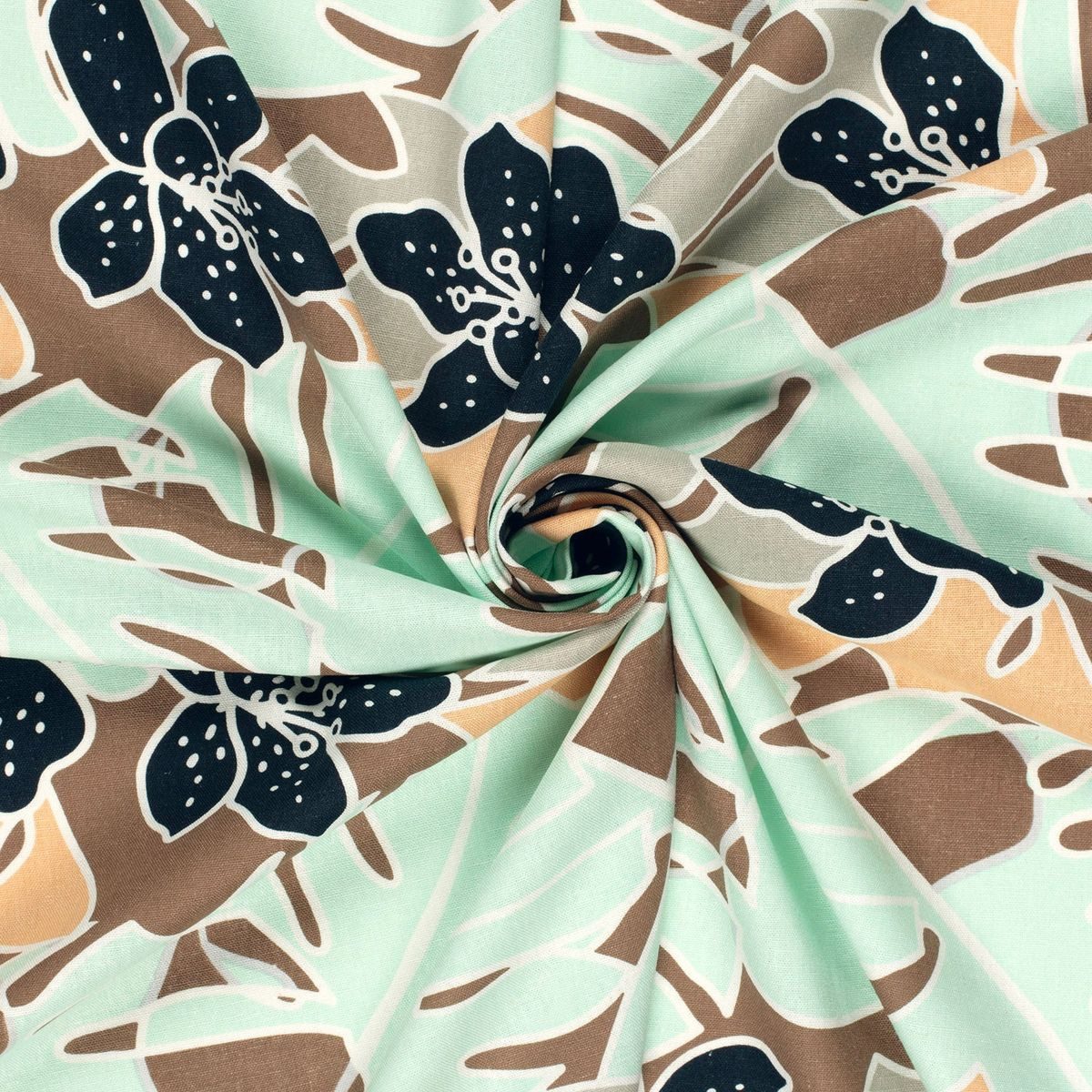 SCHÖNER LEBEN. Stoff Viskose Meterware mit 30% Leinen Blumen Blätter abstrakt mint 134cm, atmungsaktiv,pflegeleicht