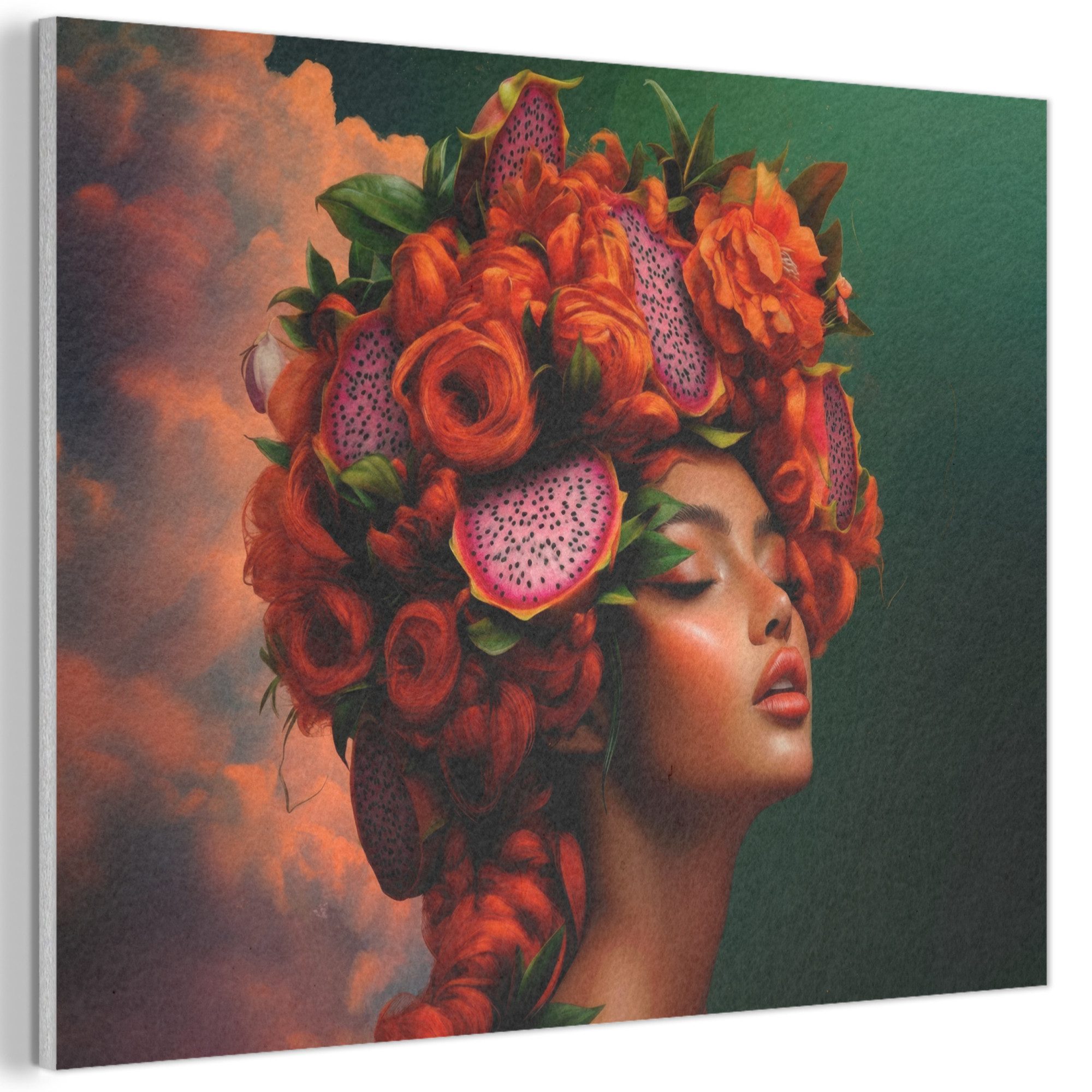 MuchoWow Gemälde Frau - trinkt Obst - Rosen - Küche, Fotodruck (1 St), Akustikpaneele PET-Filz, Akustikbild, Schalldämmung, Deko 40x30 cm