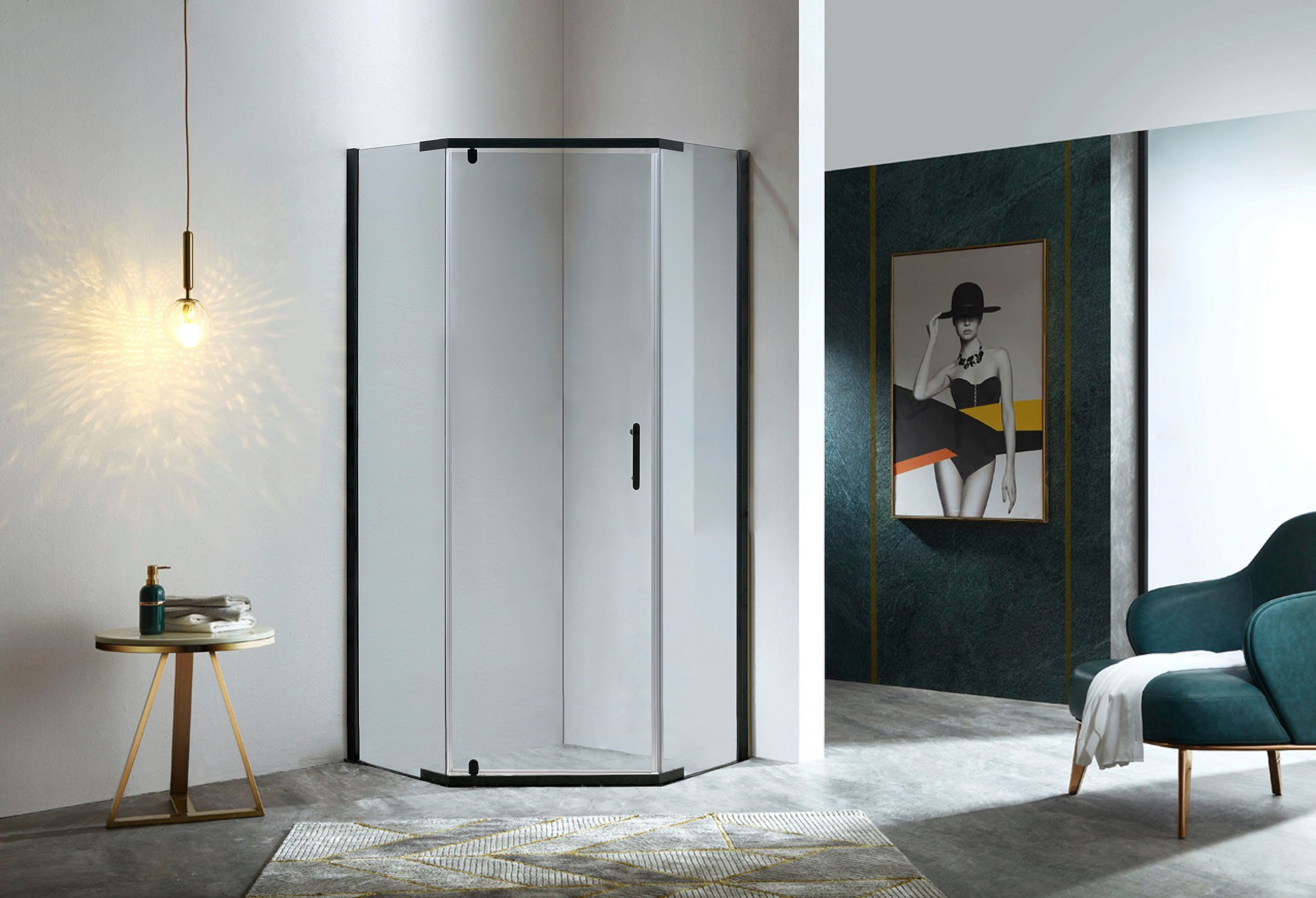 Sanotechnik Fünfeckdusche Fünfeckduschkabine schwarz, Sicherheitsglas, Maße: 90x90x190cm