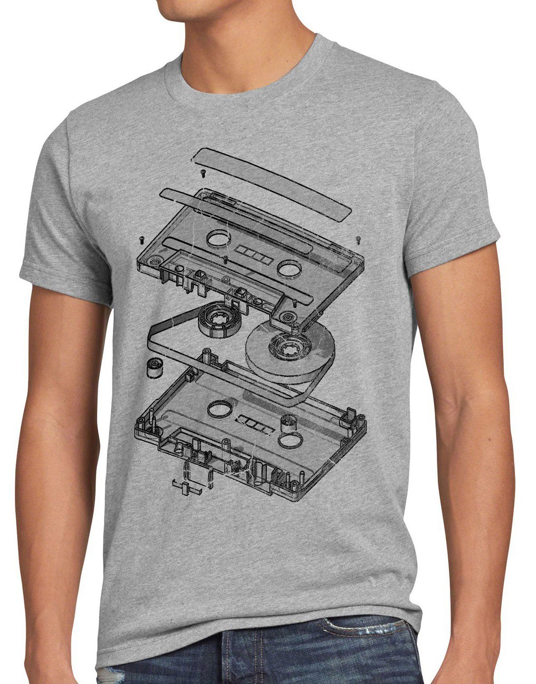T-Shirt style3 ndw 3D turntable meliert Print-Shirt analog vinyl disko dj Kassette Herren 80er grau mc cd Tape