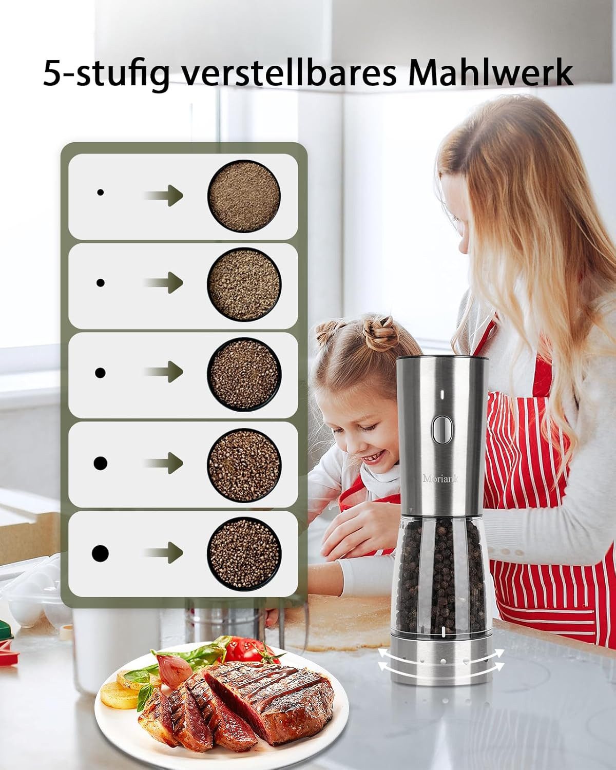 Moriank Salz-/Pfeffermühle Salz und Pfeffermühlen 2er Set Elektrisch Edelstahl wiederaufladbar Automatisch / Elektrisch, LED Beleuchtung, USB wiederaufladbar, 1 – Bild 5 von 5