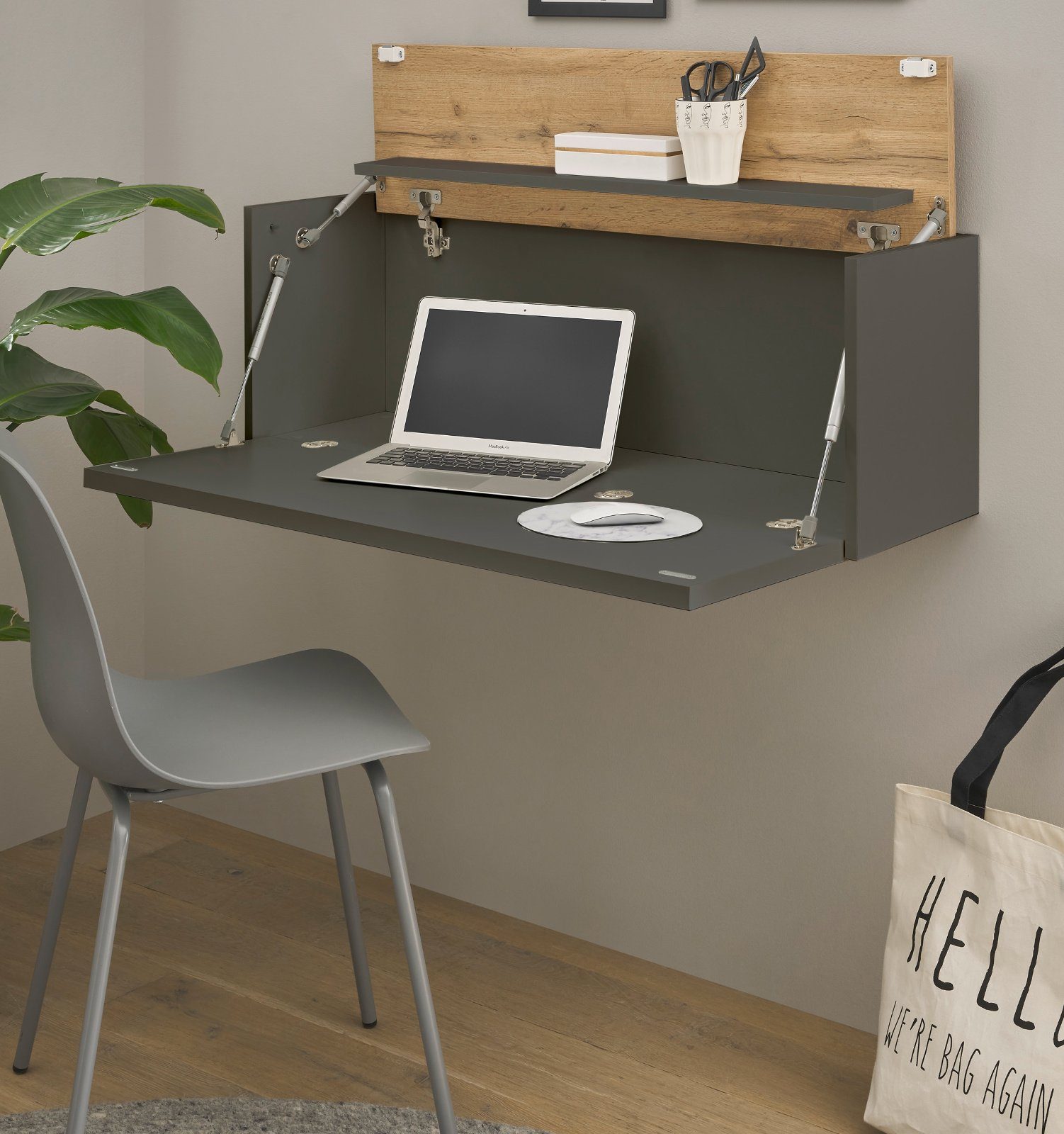 Furn.Design Wandsekretär Center (Hängeschrank in grau mit Wotan Eiche, 100 x 35 (57) cm), ausklappbar