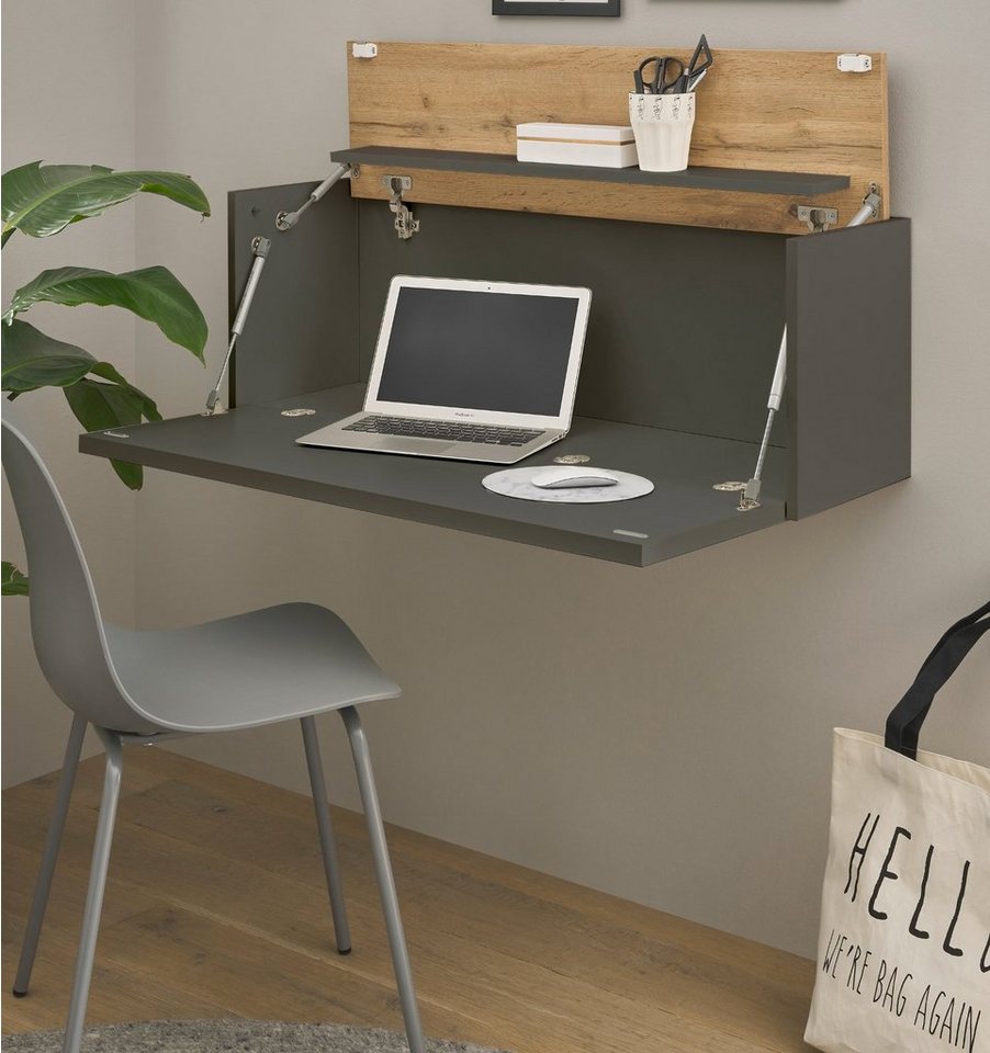 Furn.Design Wandsekretär Center (Hängeschrank in grau mit Wotan Eiche, 100  x 35 (57) cm), ausklappbar