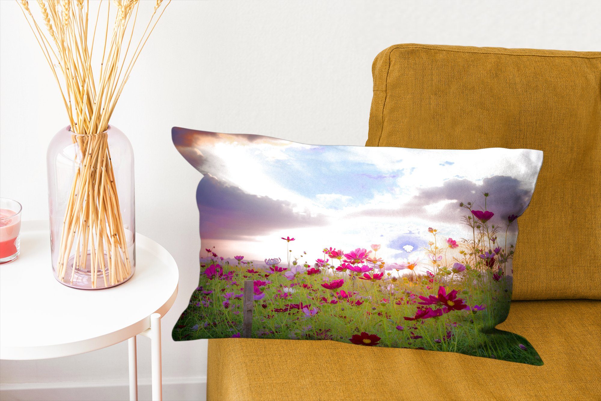 Füllung, - Natur Wiese Zierkissen, Sonnenuntergang Schlafzimmer MuchoWow Wohzimmer Horizont, - - Rosa - Blumen Dekoration, Dekokissen Dekokissen - mit