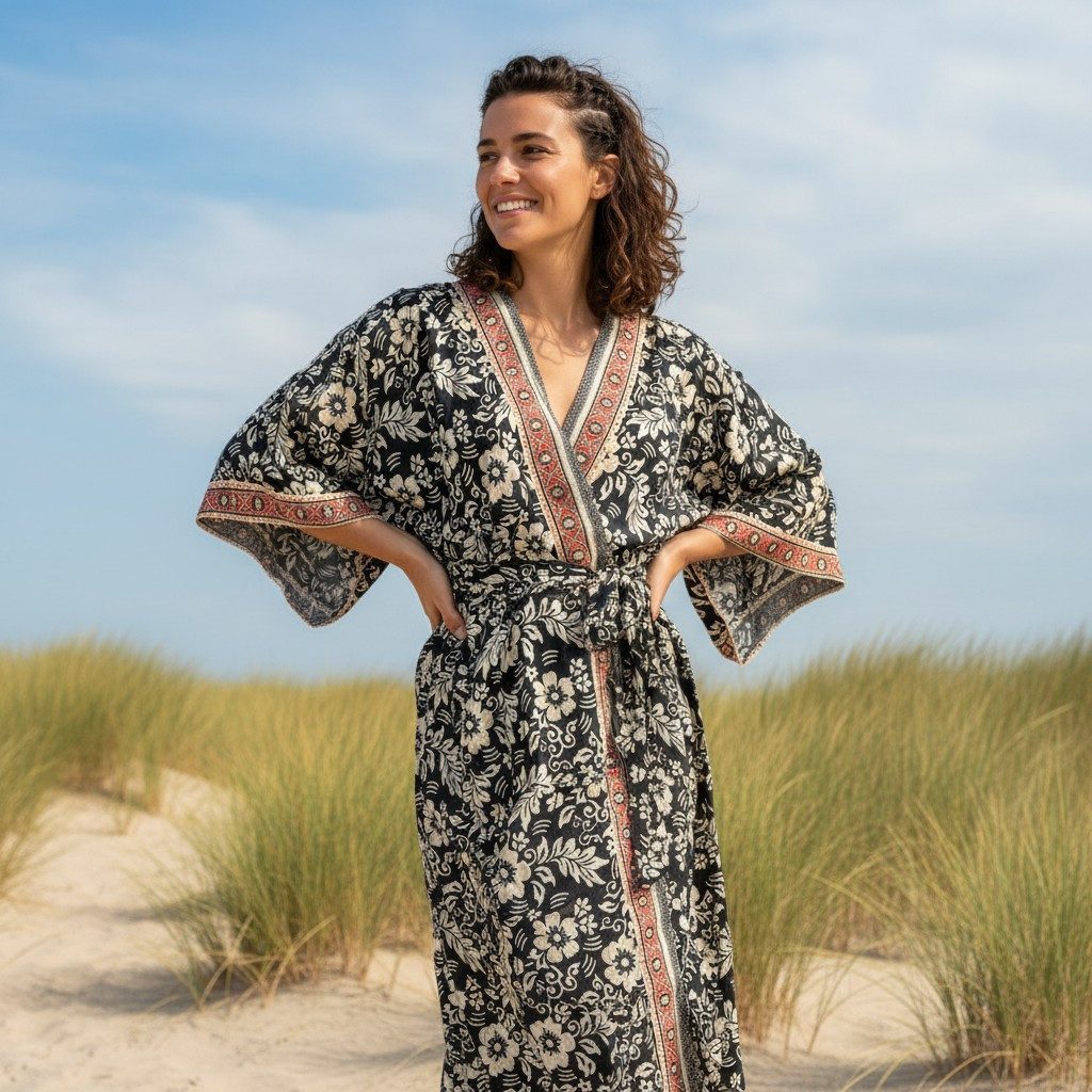 Guru-Shop Kimono Kimonokleid, seidig glänzender Boho Kimono mit.., alternat günstig online kaufen