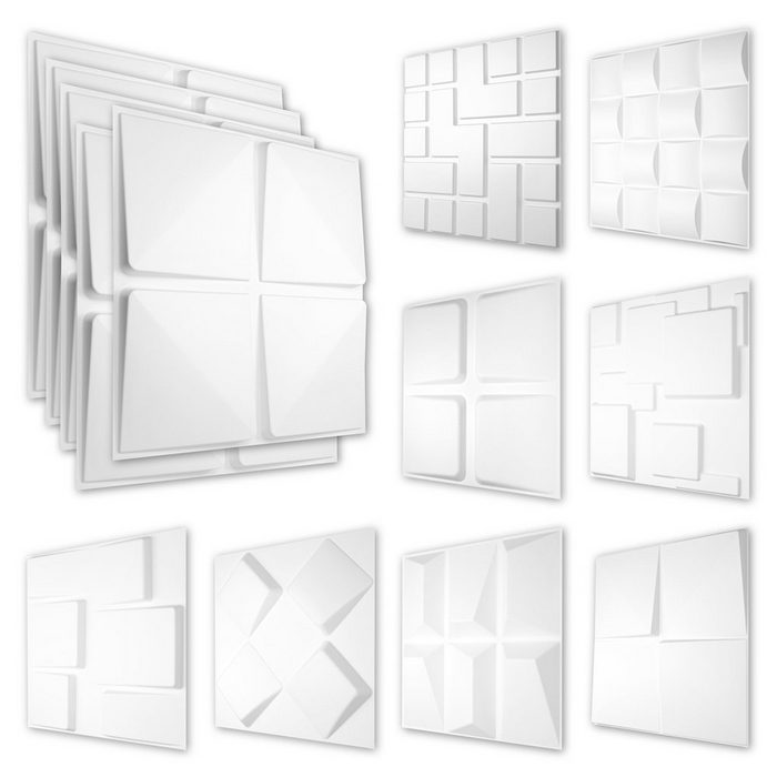 Hexim Wanddekoobjekt HD131 PVC Kunststoff - weiße Wandverkleidung mit 3D Optik - Cube Motive (0.25 qm 1 Platte) Verkleidung Dekor in weiß