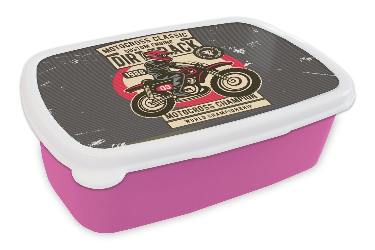 MuchoWow Lunchbox Motorrad - Helm - Retro - Zeichnung, Kunststoff, (2-tlg), Brotbox für Erwachsene, Brotdose Kinder, Snackbox, Mädchen, Kunststoff rosa