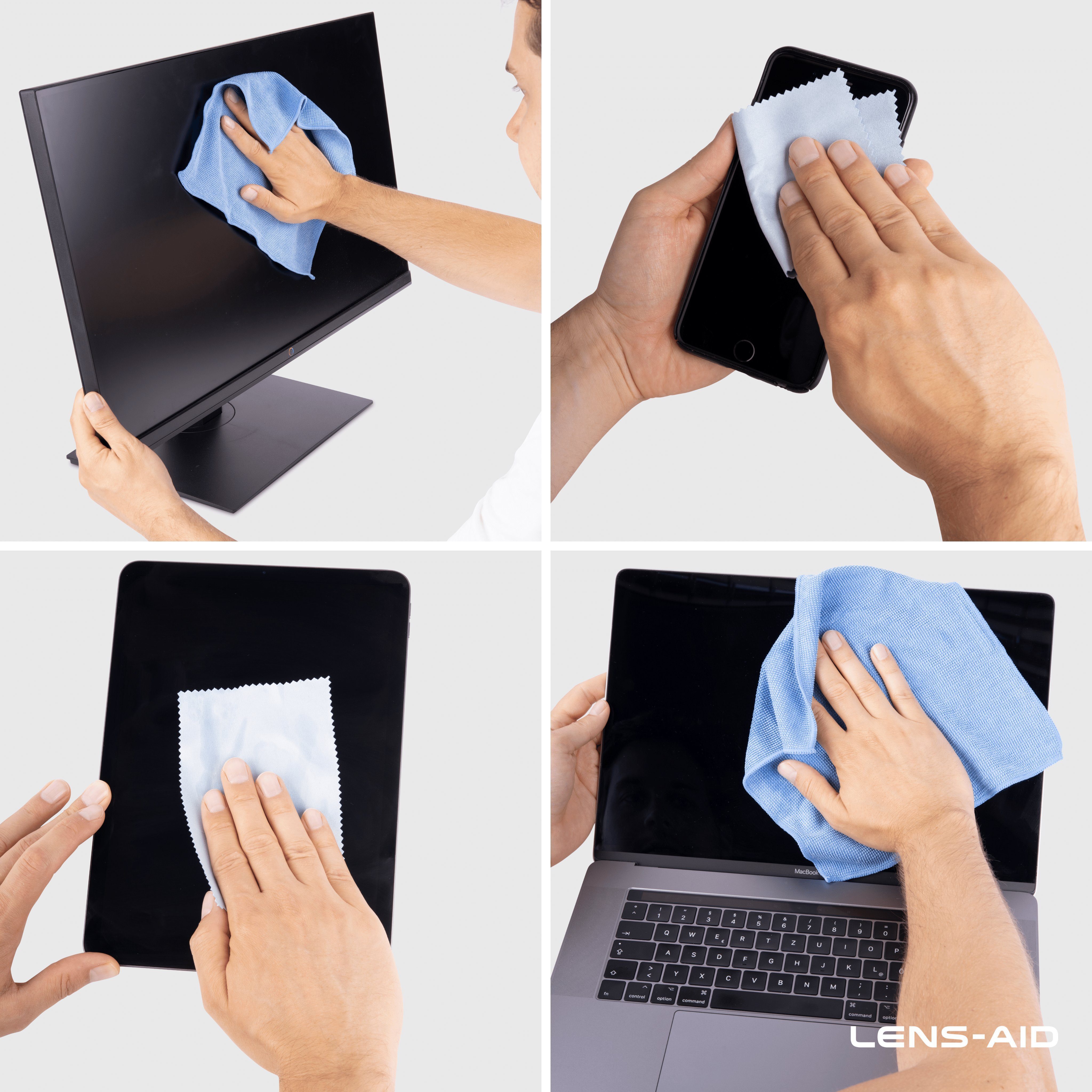 Lens-Aid Bildschirm-Reinigungsset für Display, Laptop, Reinigungsspray) 30ml Mikrofasertuch (3-tlg., Kamera Mikrofasertücher, 2x Handy, Tablet