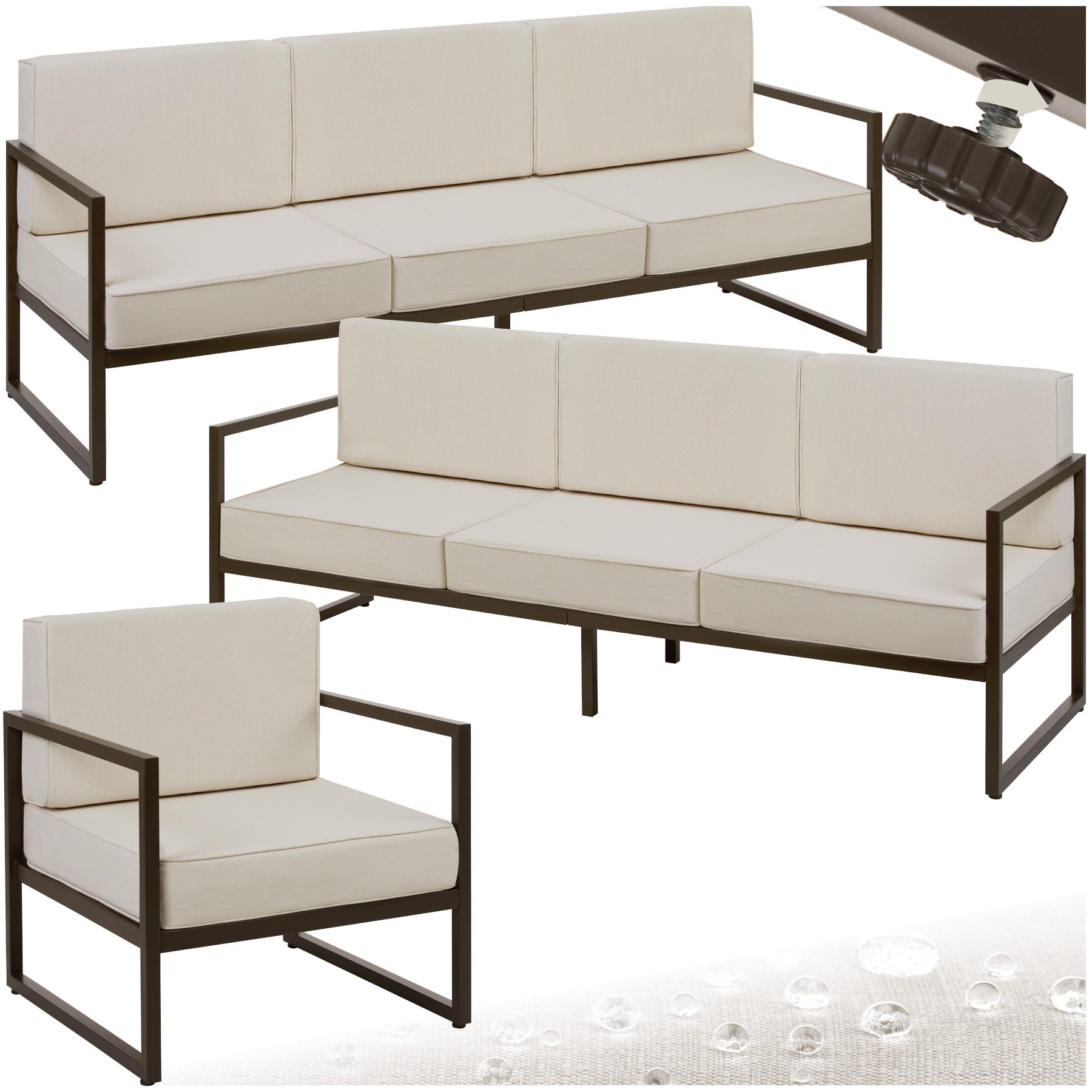 tectake Essgruppe Garten-Loungeset für 7 Personen, höhenverstellbare Füße, (Gartensofa Comosa, 3-tlg., in braun/beige), Dicke Sitzpolster, wasserabweisende, abnehmbare Polyesterbezüge