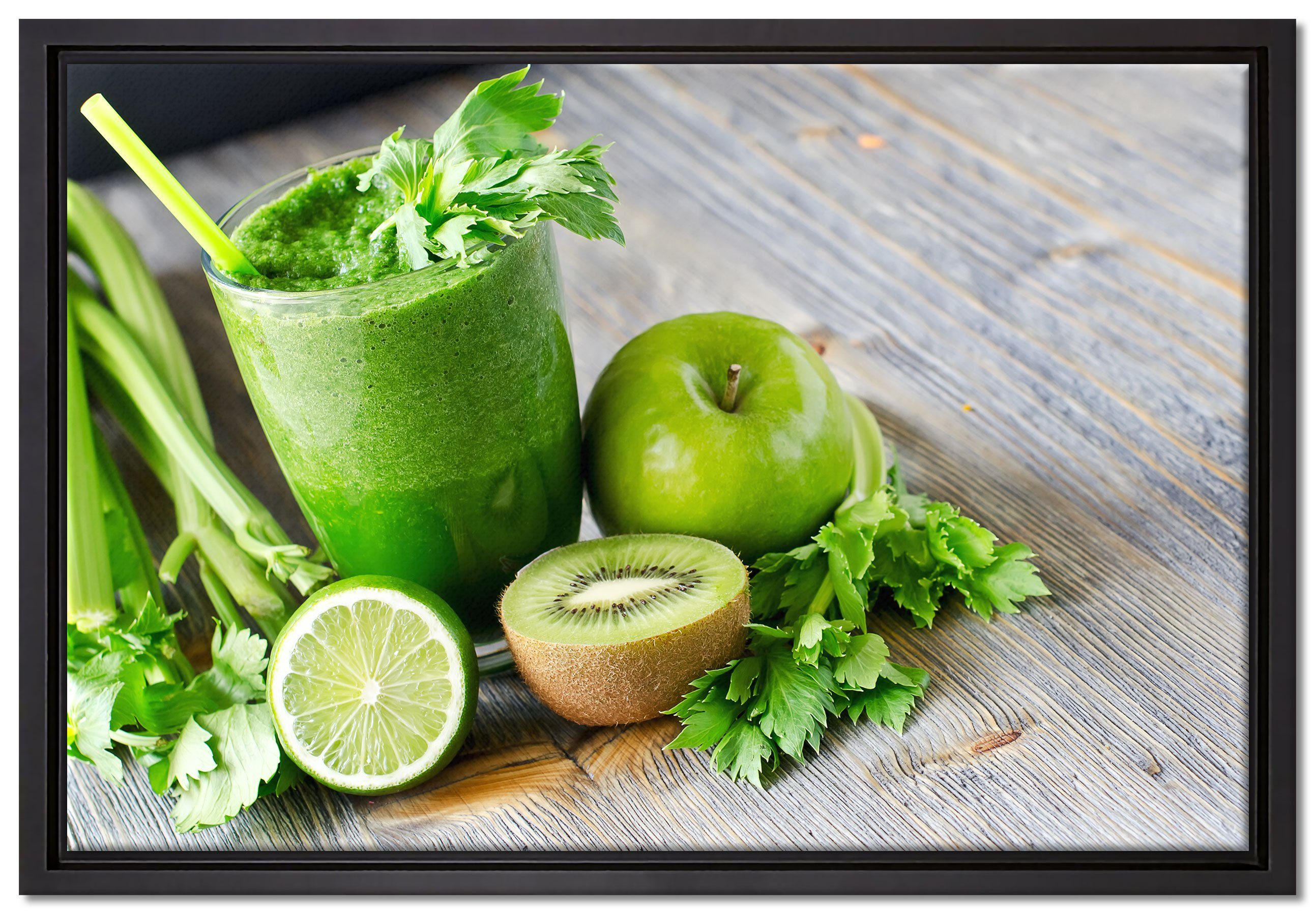 Pixxprint Leinwandbild BIO Smoothie Apfel Limette Kiwi, Wanddekoration (1 St), Leinwandbild fertig bespannt, in einem Schattenfugen-Bilderrahmen gefasst, inkl. Zackenaufhänger | Leinwandbilder