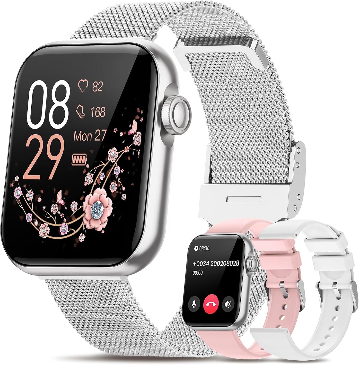 RUXINGX Damen's Telefonfunktion IP68 wasserdicht Fitness Tracker Smartwatch (1,83 Zoll, Android/iOS), mit Menstruationszyklus Herzfrequenz Schlafmonitor SpO2 Schrittzähler