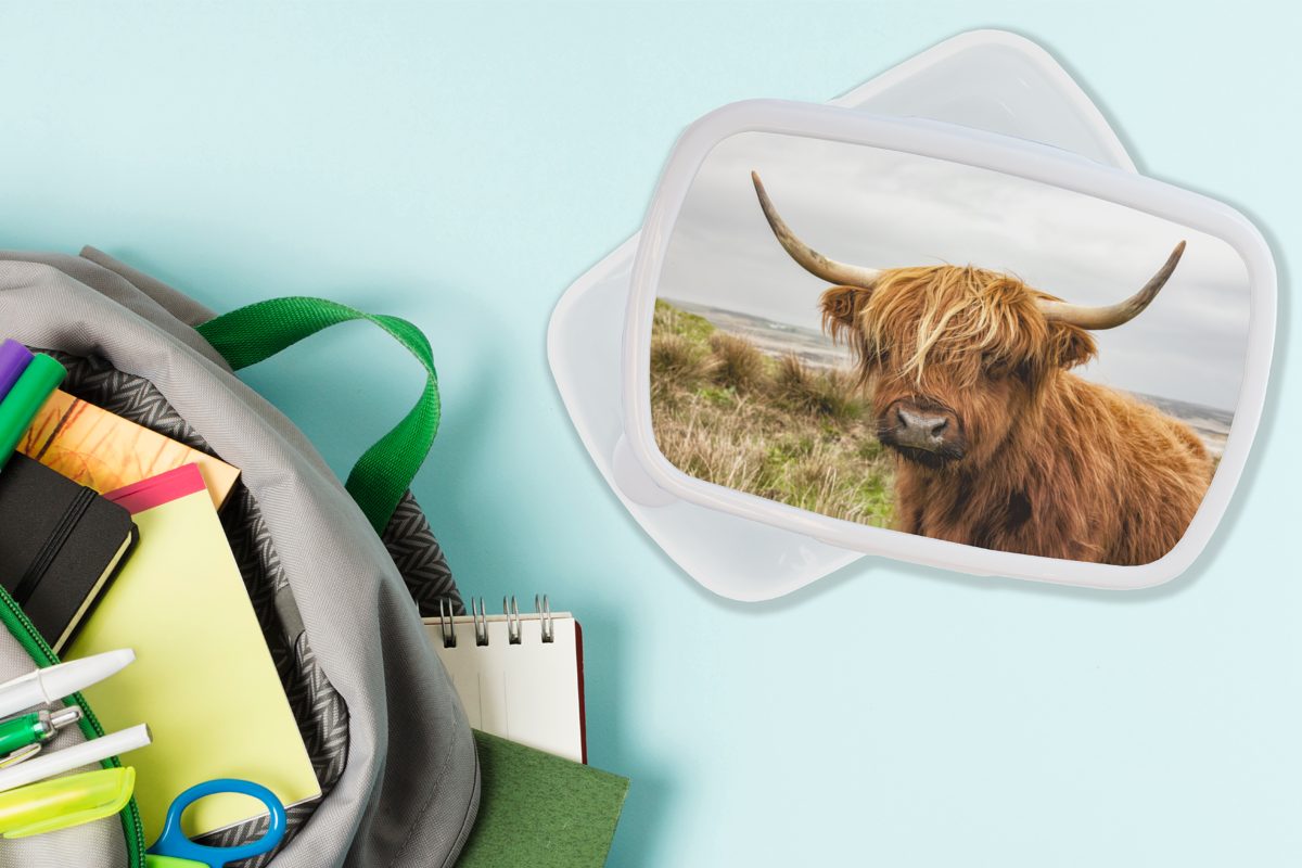 MuchoWow Lunchbox Schottischer Highlander Brotbox und für Jungs Kuh für - Mädchen Erwachsene, (2-tlg), Kinder - weiß Brotdose, und Dünen, Kunststoff