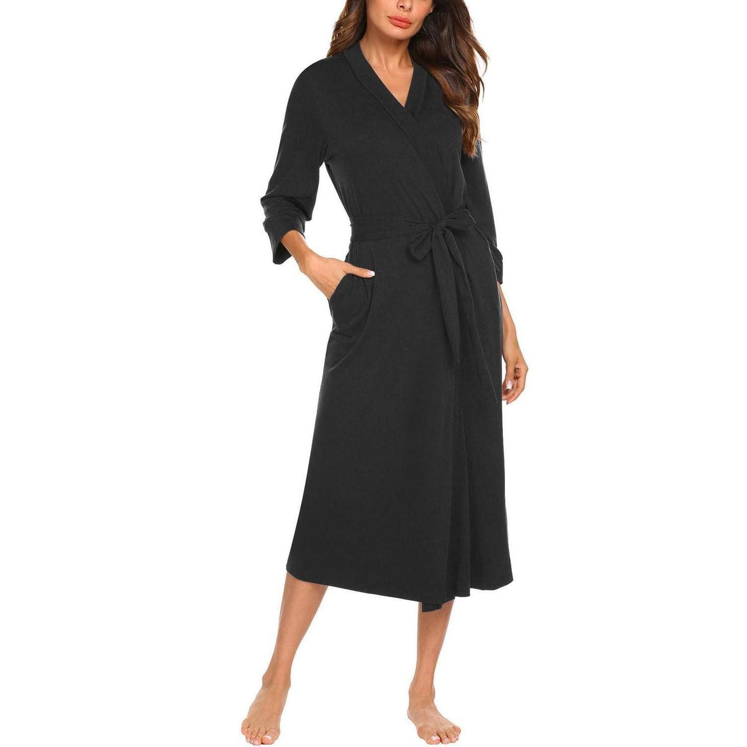 LuxusKollektion Morgenmantel Bademantel Damen V-Ausschnitt Schwarz, Textil, Bindegürtel