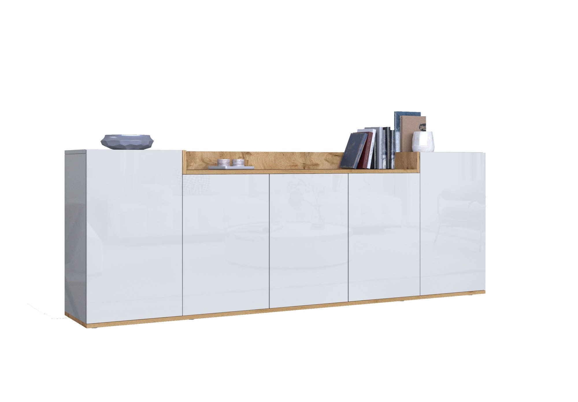 OTTO home Sideboard BOLSENA, Kommode, Schrank,Lowboard mit 8 Fächer und offenes Ablagefach (1 St), Breite 200 cm,stehend/hängend,Fronten Hochglanz lackiert,Made in Italy