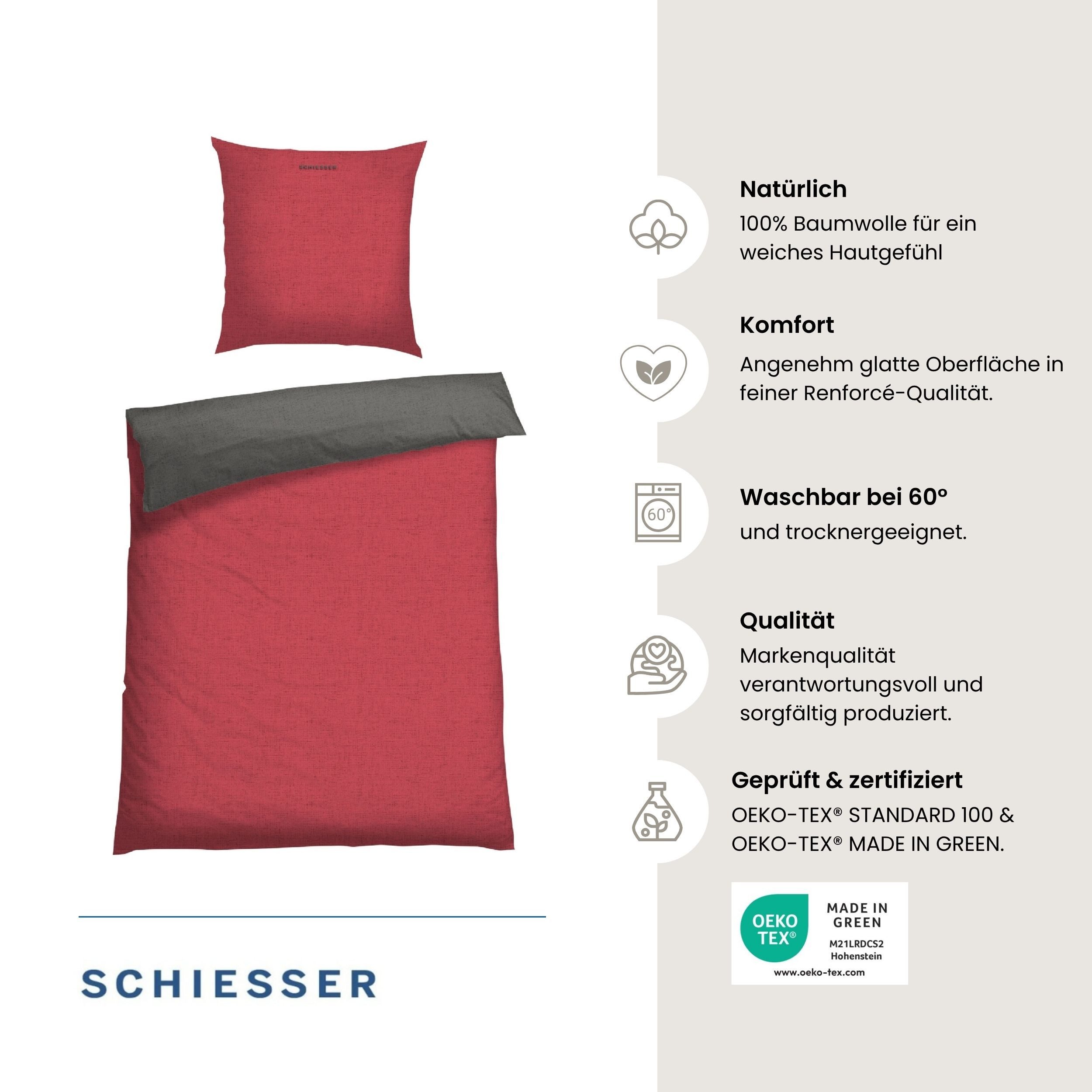 Schiesser Wendebettwäsche Doubleface aus weicher Baumwolle mit edlem Melangeeffekt, Renforcé, 2 teilig, ab Größe 135x200 cm erhältlich, OEKO-TEX® MADE IN GREEN – Bild 2 von 5