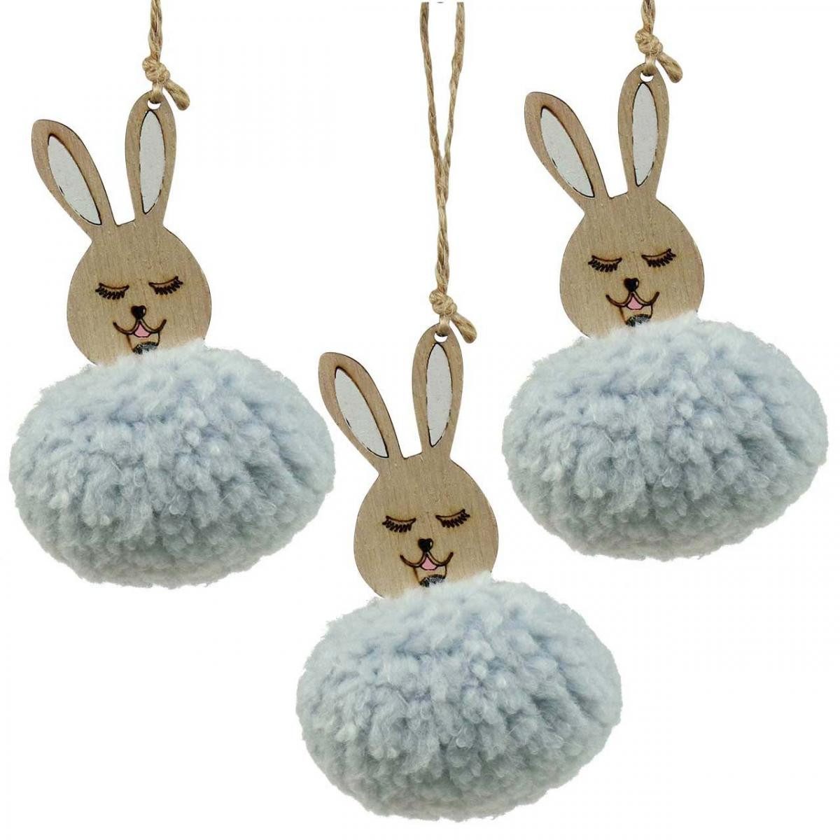 Florists Products Osterhase Puschelhase Blau Holz Plüsch Dekoanhänger Ostern 7x7x10cm 6er, 6 Stück