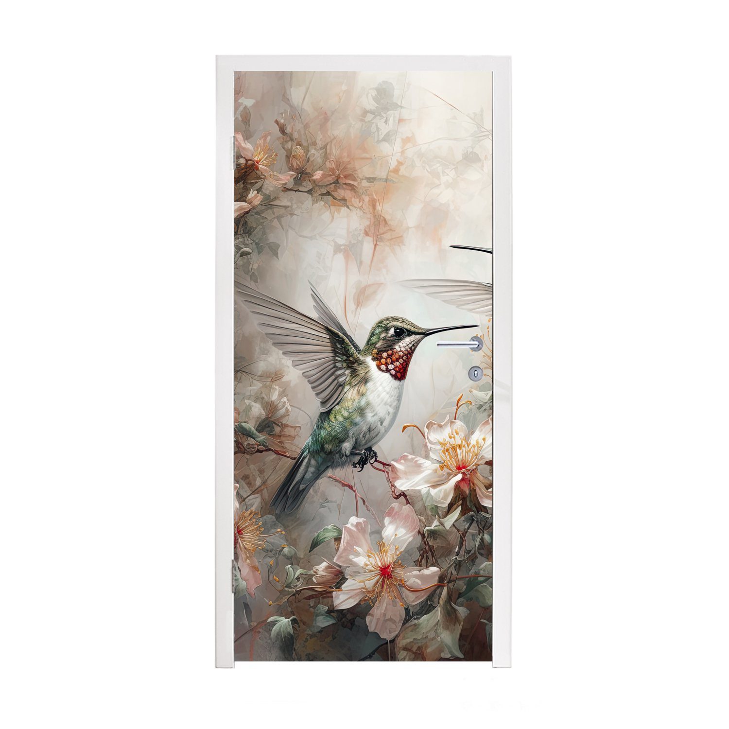 MuchoWow Türtapete Kolibri - Vögel - Blumen - Pflanzen, Matt, bedruckt, (1 St), Fototapete für Tür, Türaufkleber, 75x205 cm
