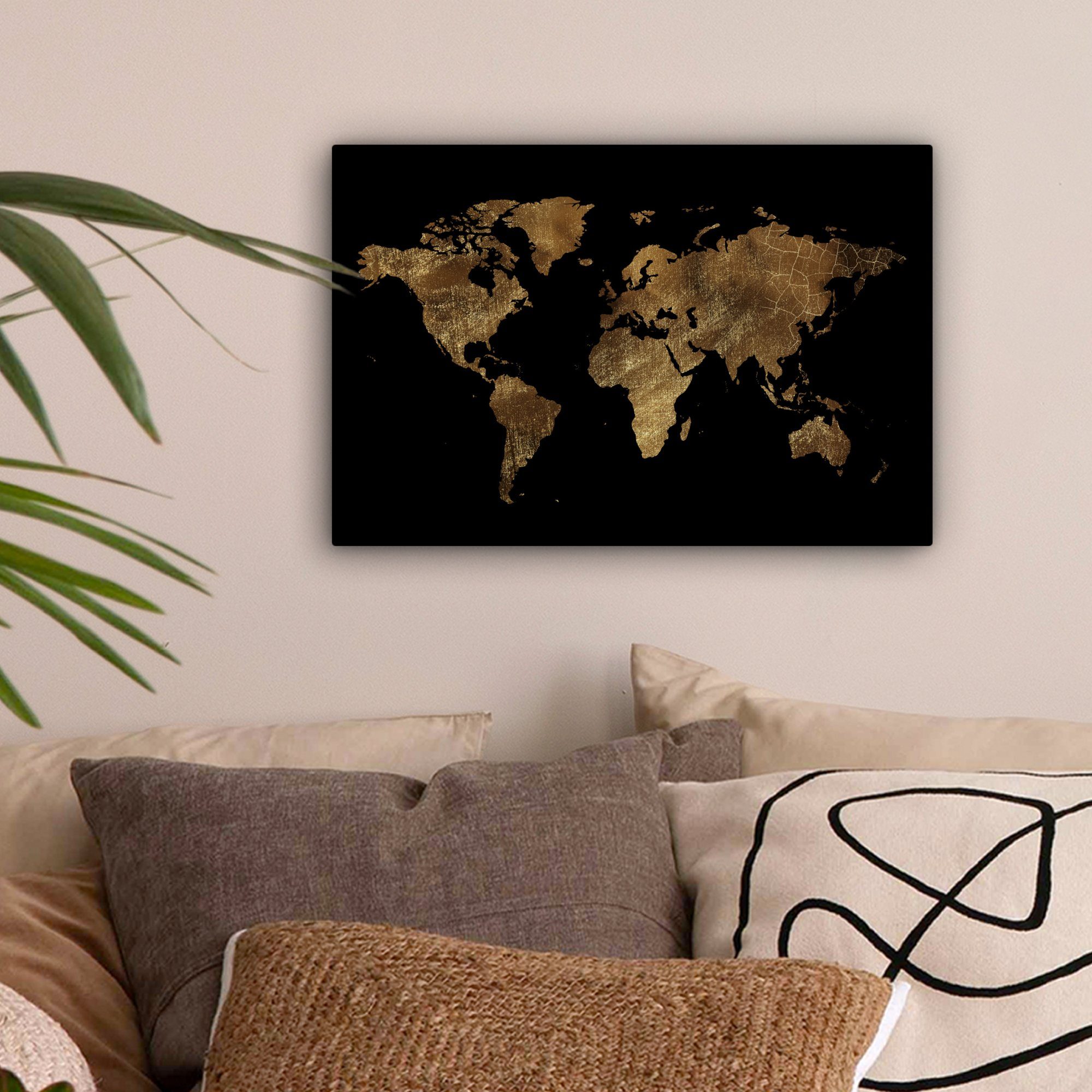 OneMillionCanvasses® Aufhängefertig, 30x20 - - - Wandbild (1 Leinwandbild Wanddeko, - Erde Leinwandbilder, Weltkarte cm Gold St), Luxus Schwarz,