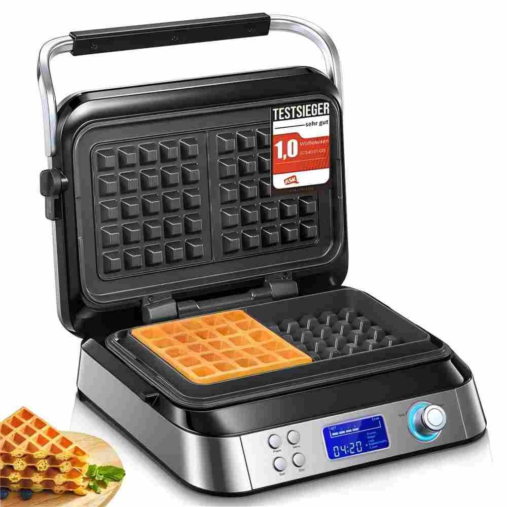 FOHERE Waffeleisen Professioneller Waffelautomat mit Digitaldisplay, Timer & LCD-Anzeige, 1600 W, 5 Automatikprogramme, 7 Bräunungsstufen