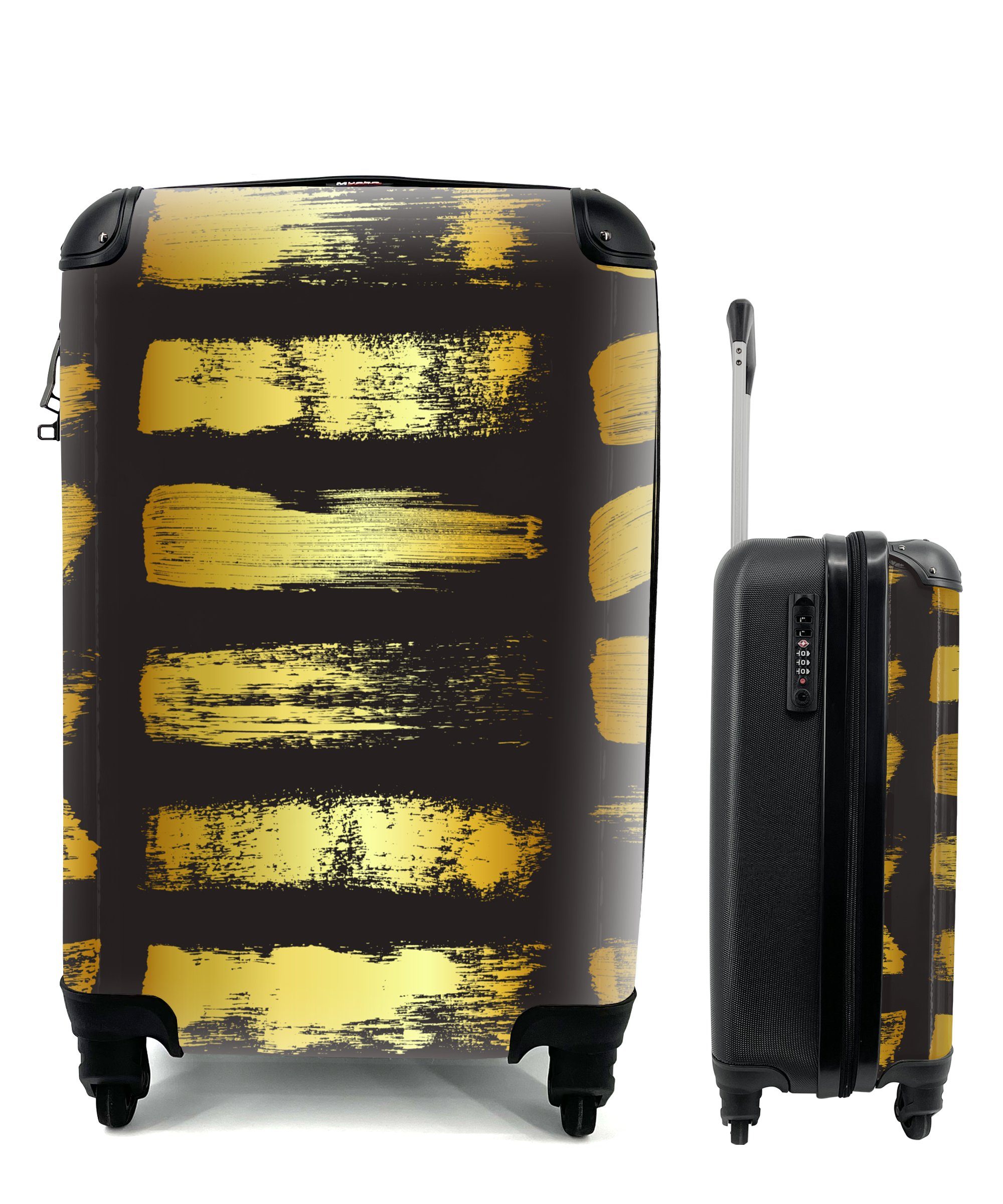 MuchoWow Handgepäckkoffer Goldene Streifen auf schwarzem Hintergrund, 4 Rollen, Reisetasche mit rollen, Handgepäck für Ferien, Trolley, Reisekoffer