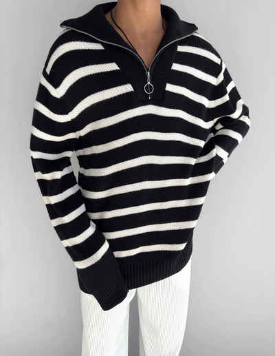 Abluka Sweatshirt OVERSIZE ZIPPER STRIPED KNIT SWEATER BLACK