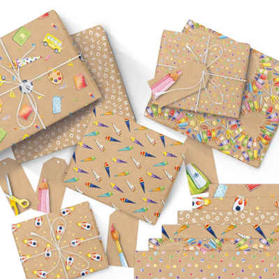 PAPIERDRACHEN Geschenkpapier Geschenkpapier zur Einschulung - verschiedene Motive, doppelseitig bedruckt und Anhänger mit Baumwollschnur