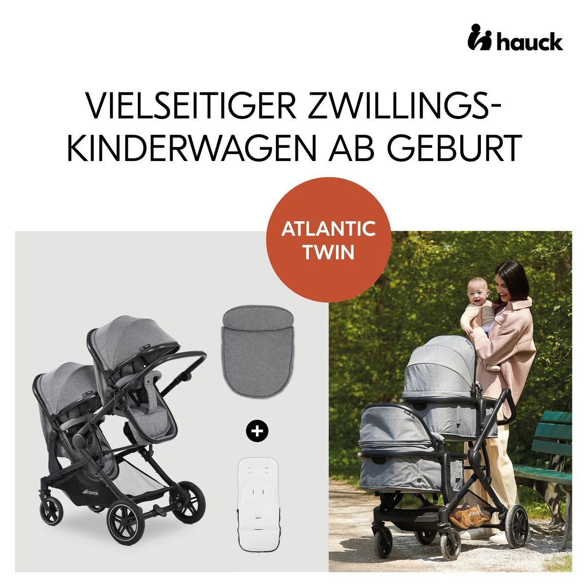 Hauck Zwillingsbuggy Atlantic Twin - Melange Grey, Zwillingskinderwagen ab Geburt bis 36 kg Babywanne umbaubar & Zubehör
