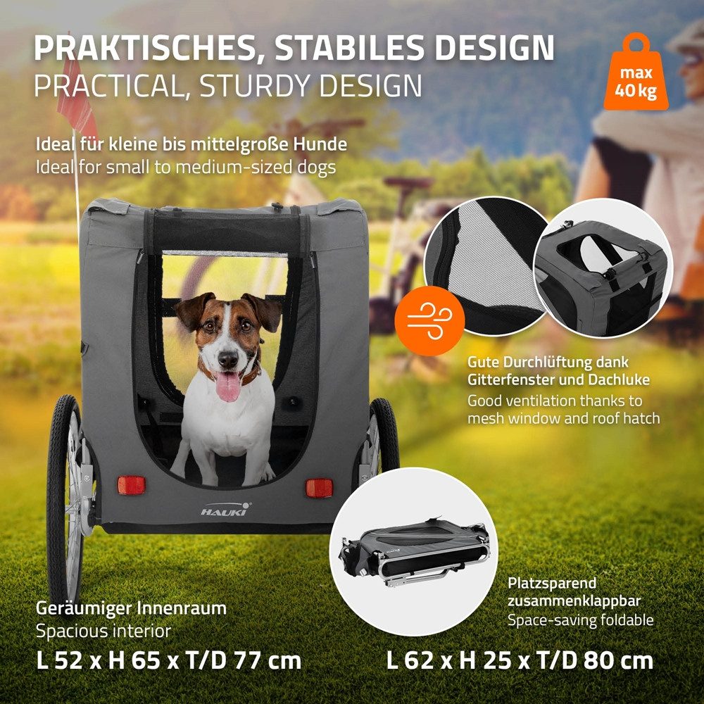 Hauki Fahrradhundeanhänger Fahrradanhänger & Hundebuggy 2in1 klappbar, Hundewagen 130x72x90 cm Grau mit Reflektoren Leine und Flagge bis 40 k