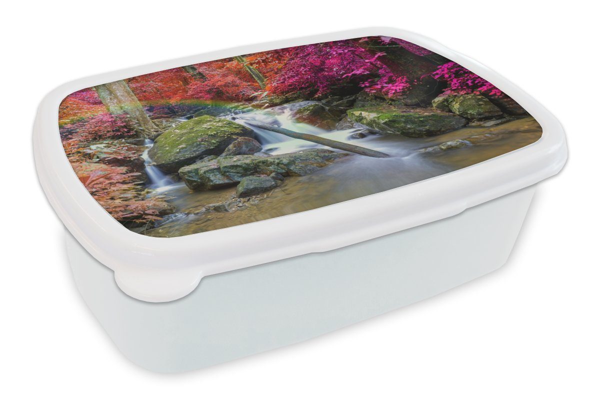 MuchoWow Lunchbox Regenbogen - Wasserfall - Bäume - Steine - Moos, Kunststoff, (2-tlg), Brotbox für Kinder und Erwachsene, Brotdose, für Jungs und Mädchen weiß