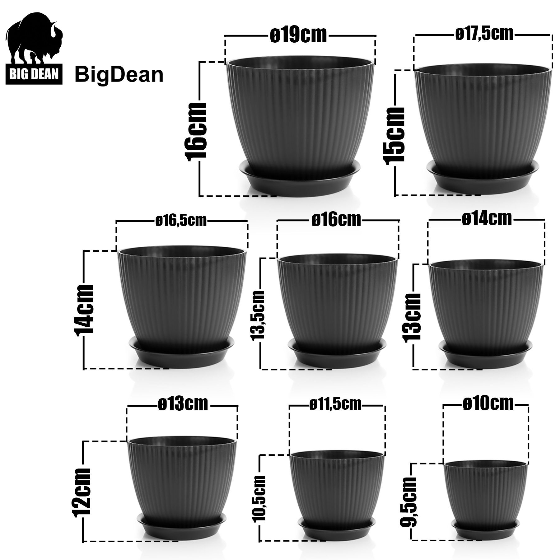 BigDean Flower Pot Set of 8, Flower Pots in 8 Different Sizes (Set of 8, Plant Pots), Set of 8 Sizes, With Saucers, Anthracite, Weatherproof