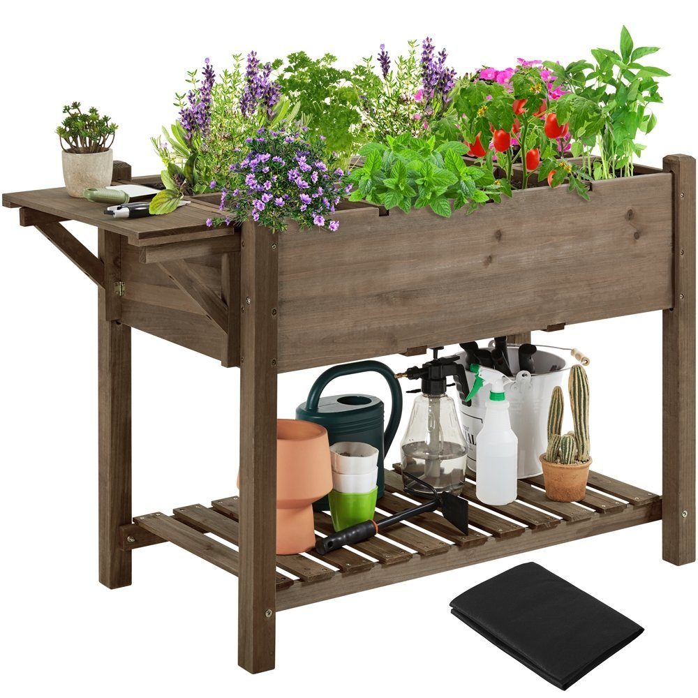Yaheetech Hochbeet aus Tannenholz mit 8 Abnehmbaren Fächern & Pflanztasche Blumenkasten, Gartenhochbeet aus Holz, Pflanztreppe Blumenkasten